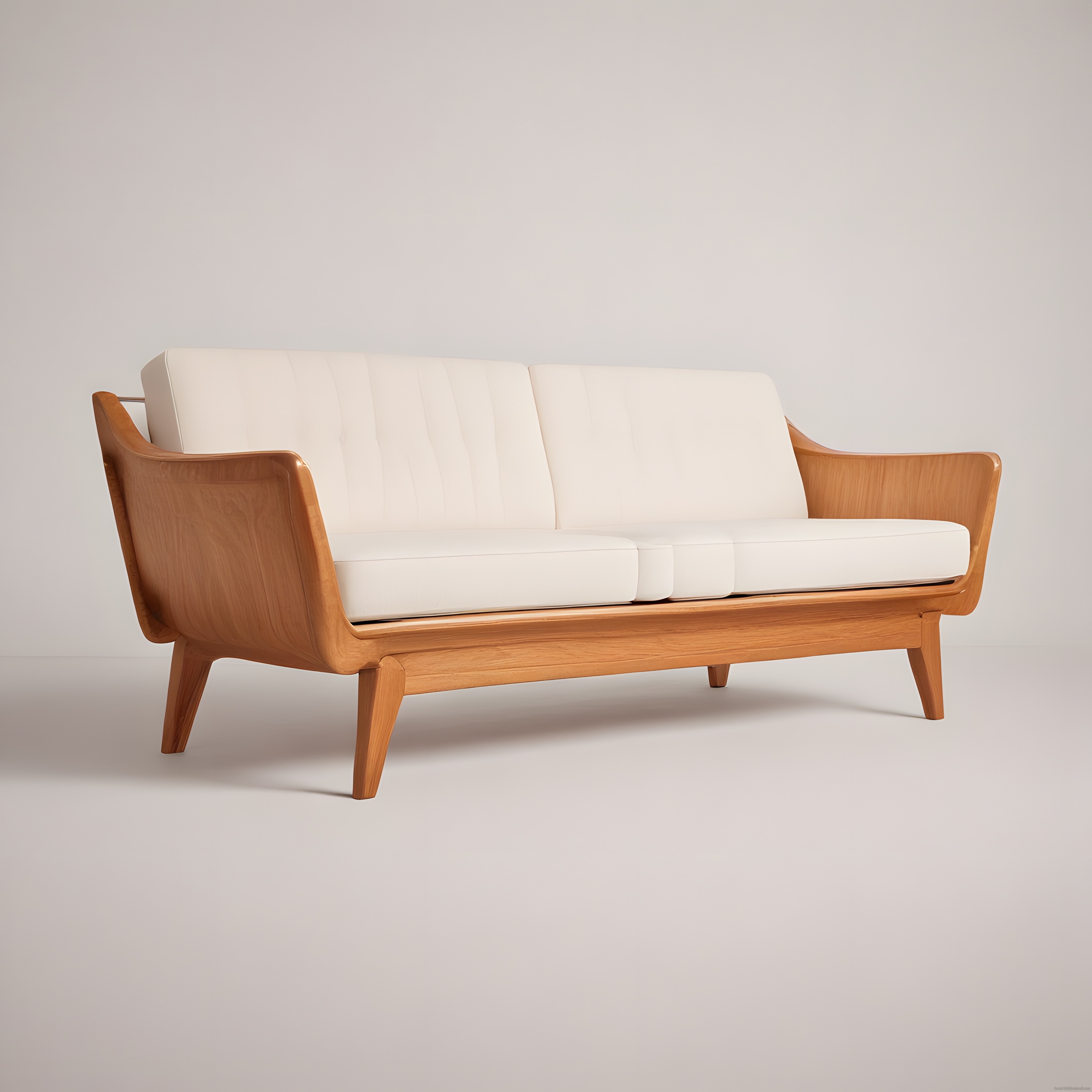 Doğal Ahşap Gövdeye Sahip Beyaz Kumaşlı Modern Minimalist Kanepe Modeli
