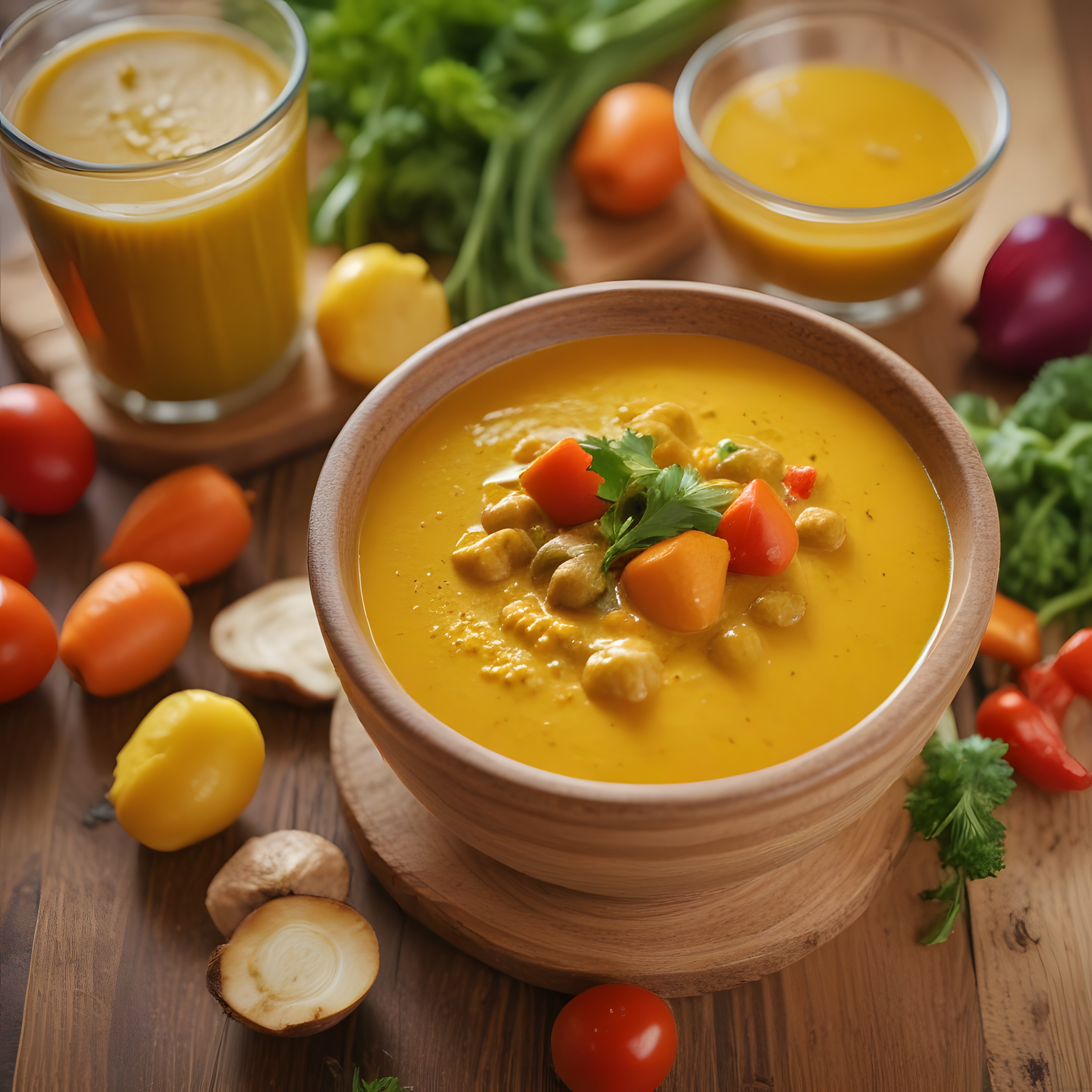 doğal ahşap kapta havuçlu nohutlu sarı mercimek çorbası ve taze sebzeler