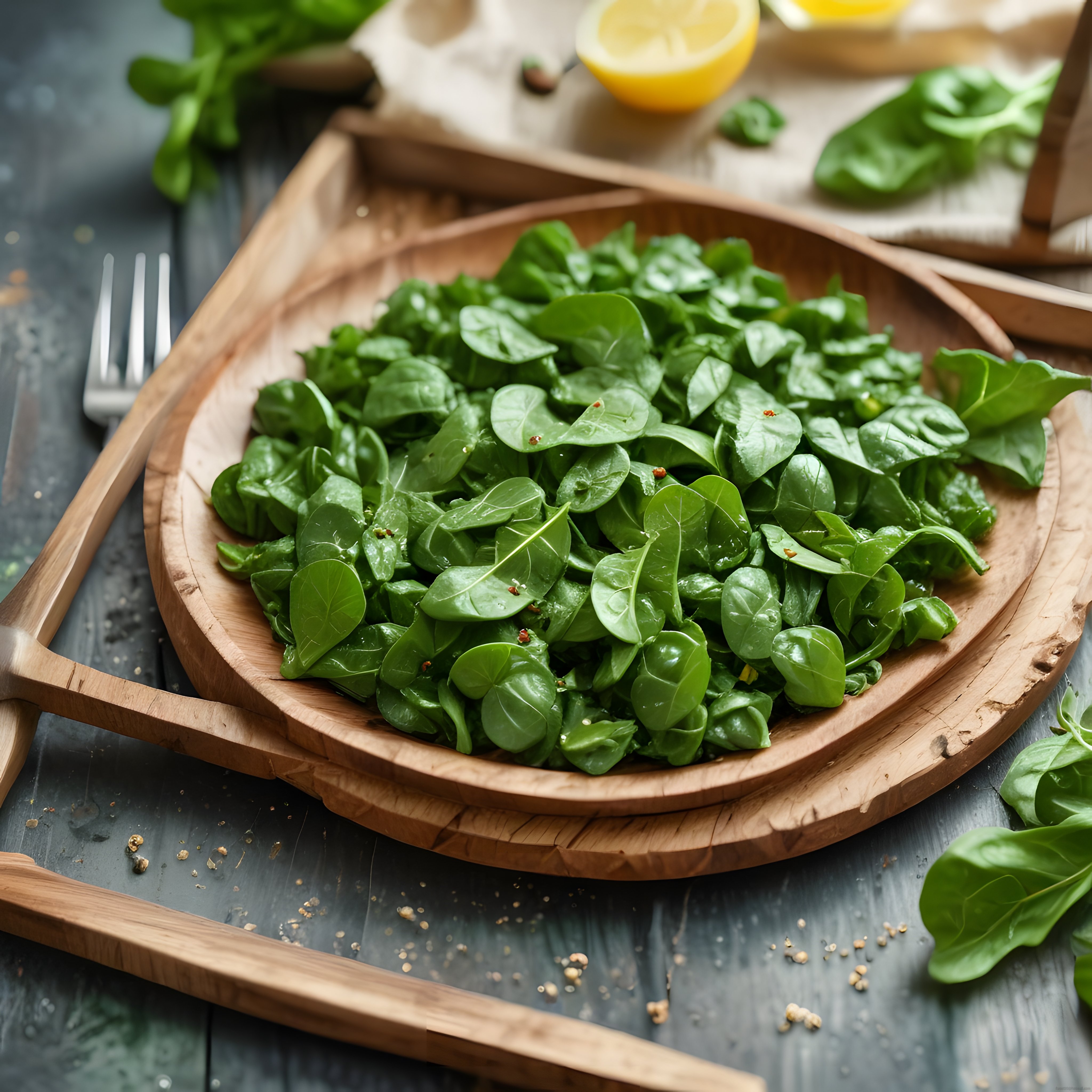 Doğal Ahşap Kapta Taze Ispanak Yaprakları ve Limonlu Salata Hazırlığı