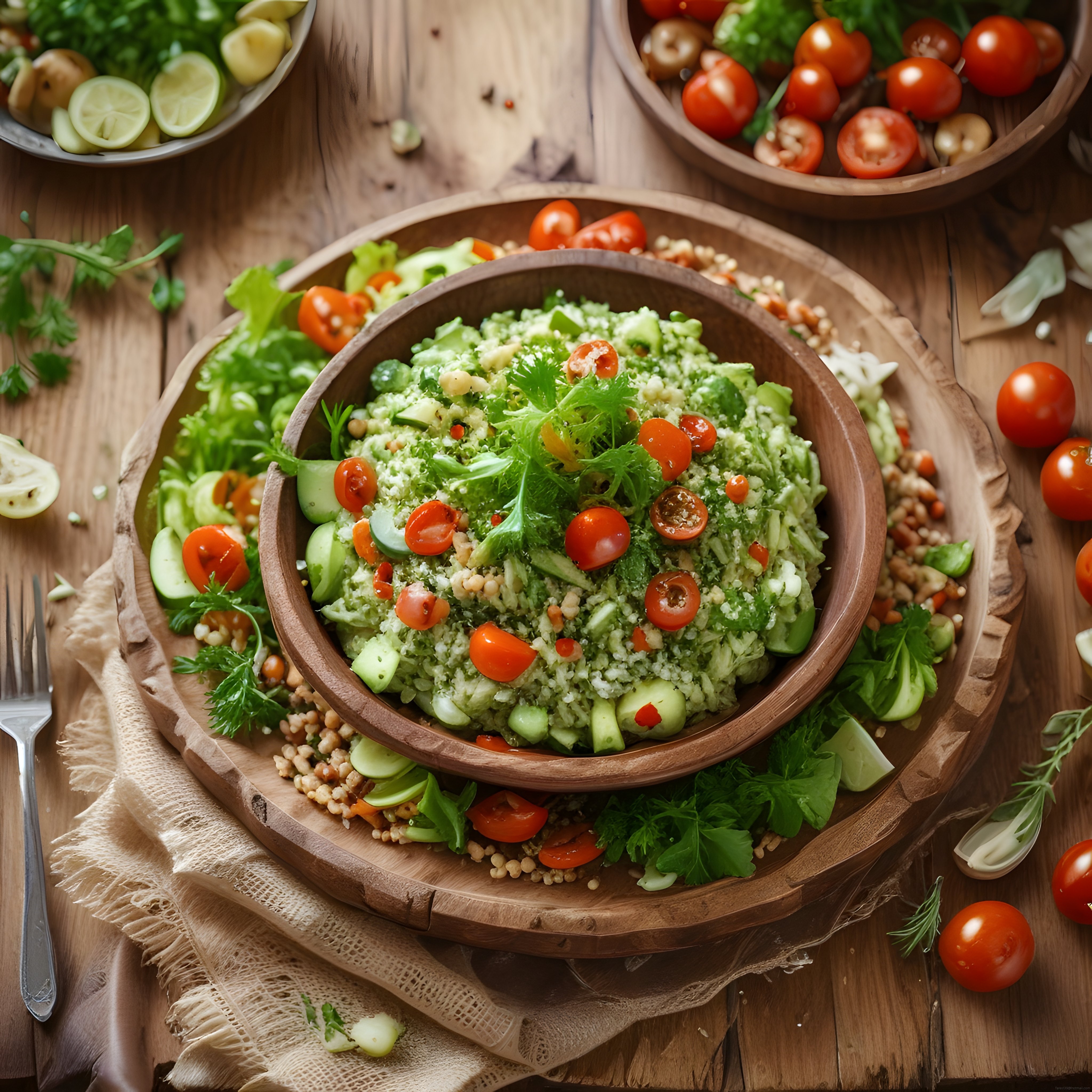 Doğal Ahşap Kasede Bol Yeşillikli Akdeniz Bulgur Salatası ve Taze Malzemeler