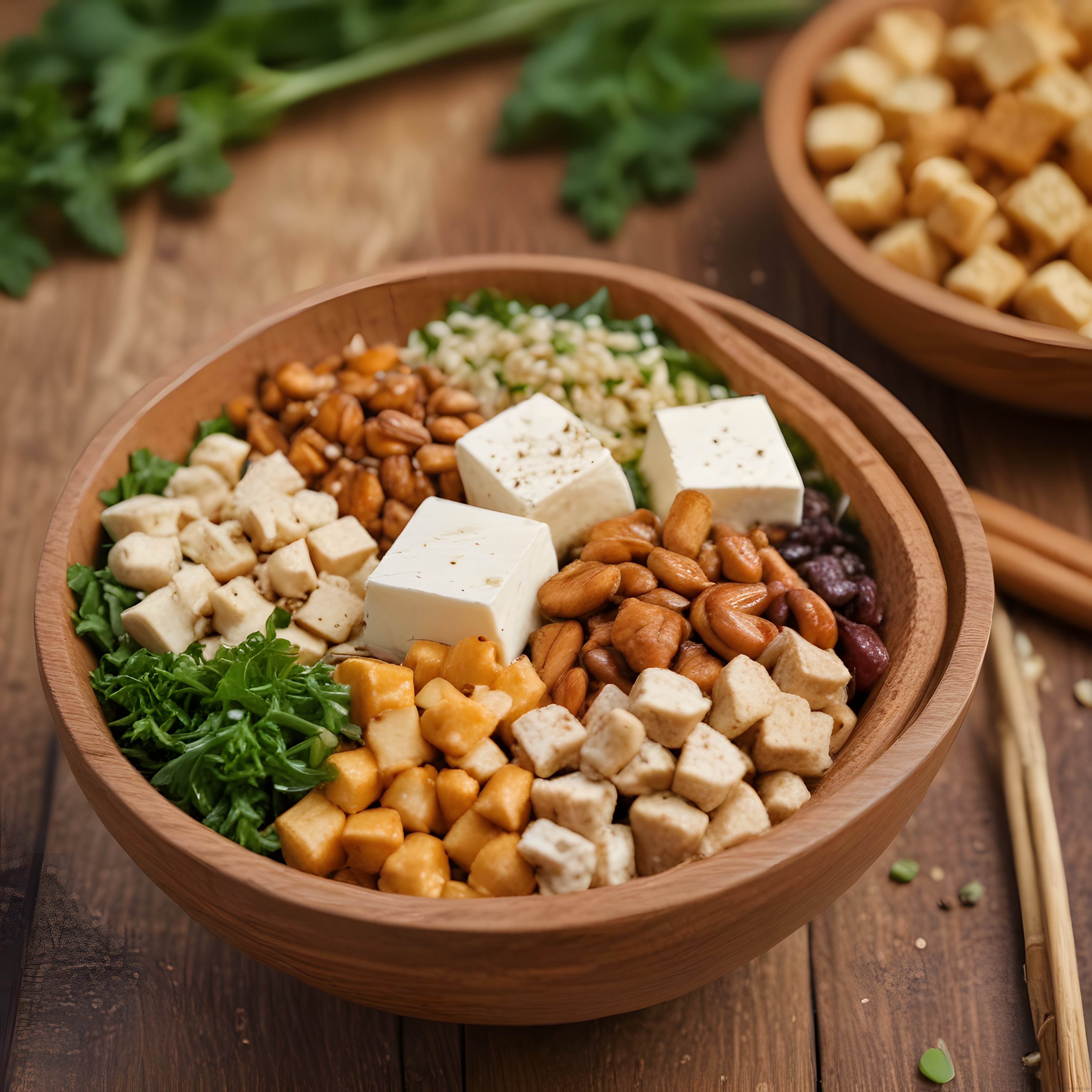 Doğal Ahşap Kasede Peynirli ve Bademli Sağlıklı Protein Salatası Sunumu