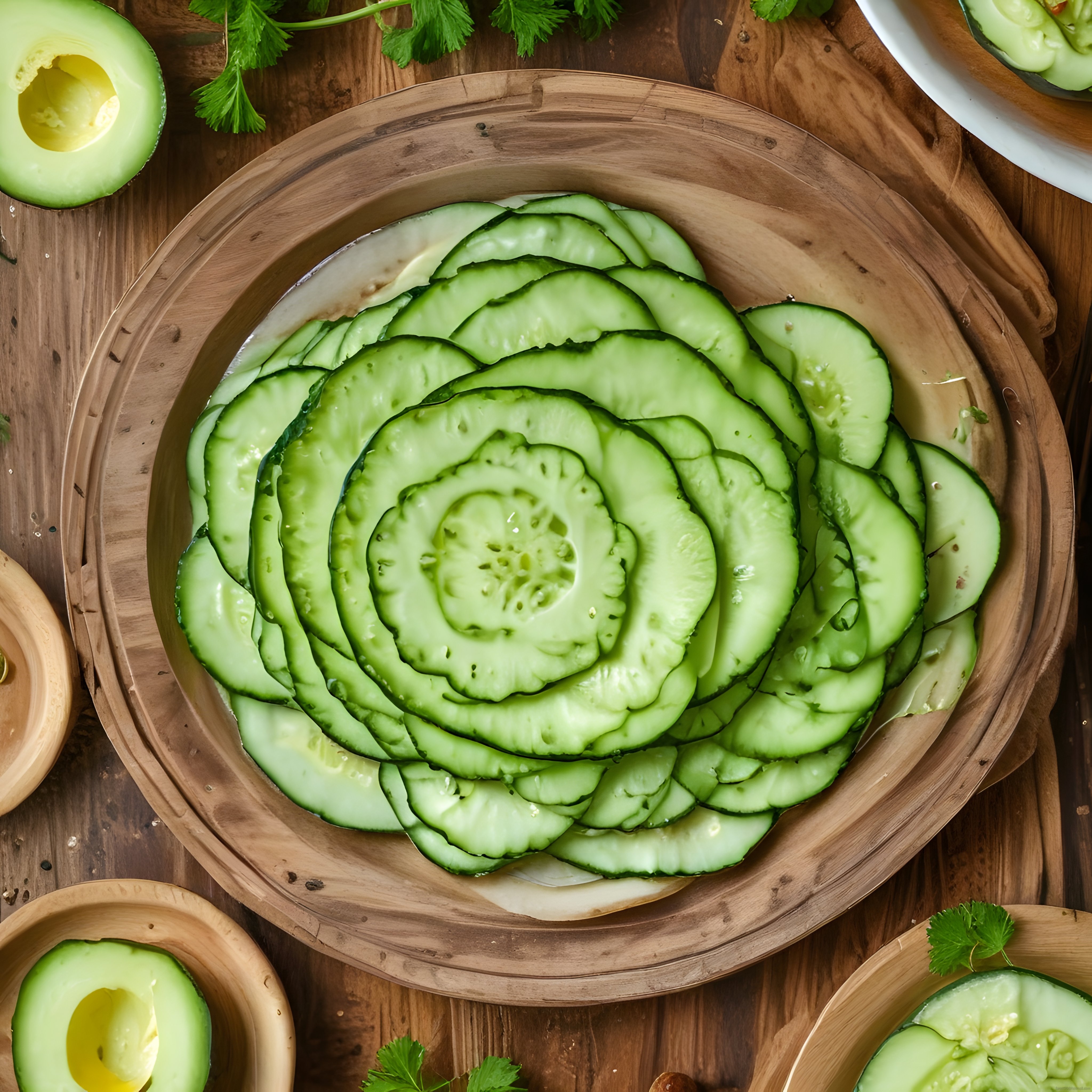 Doğal Ahşap Kasede Salatalık ve Avokadolu Vegan Atıştırmalık