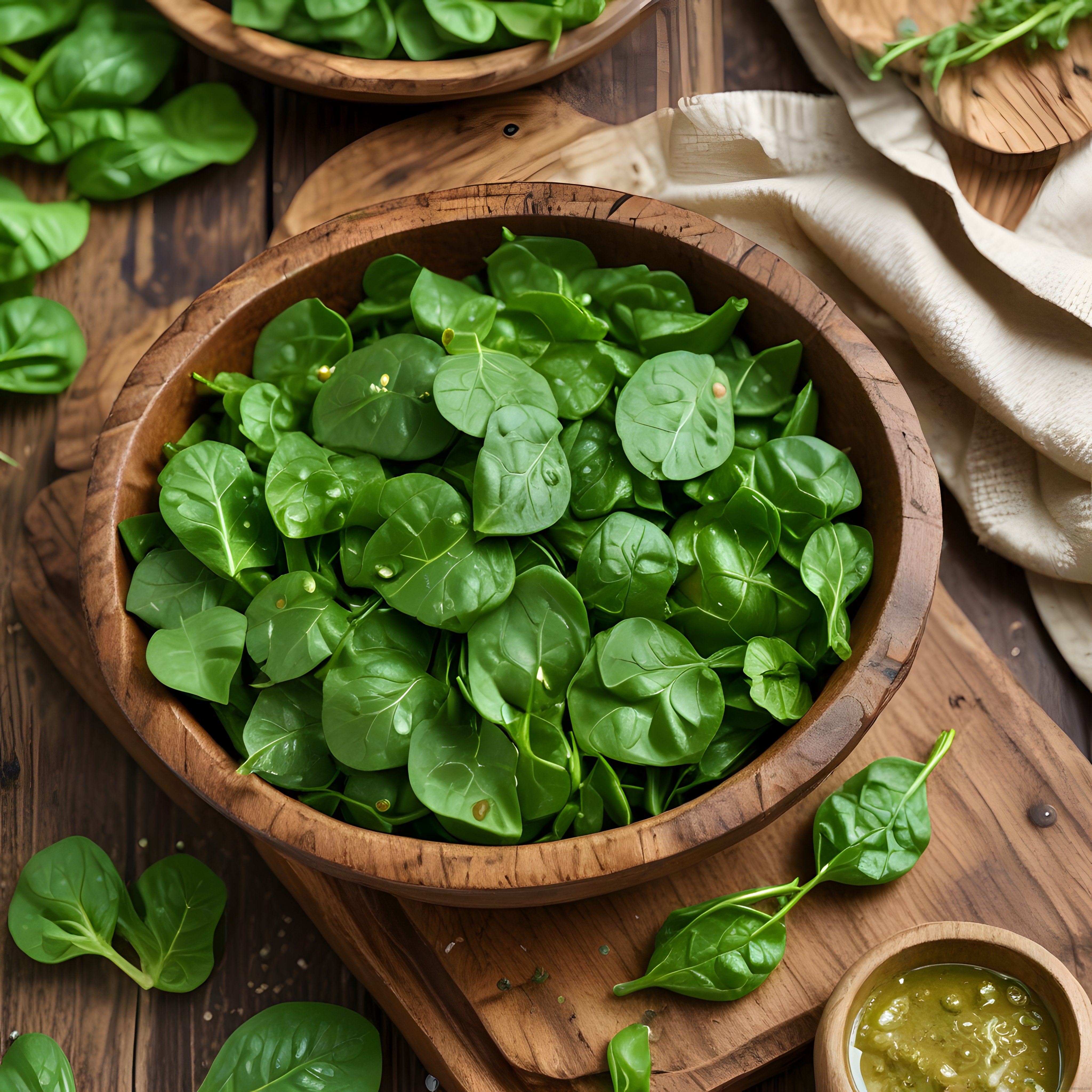 Doğal Ahşap Kasede Taze Ispanak Yapraklarıyla Sağlıklı Beslenme ve Vegan Sunum