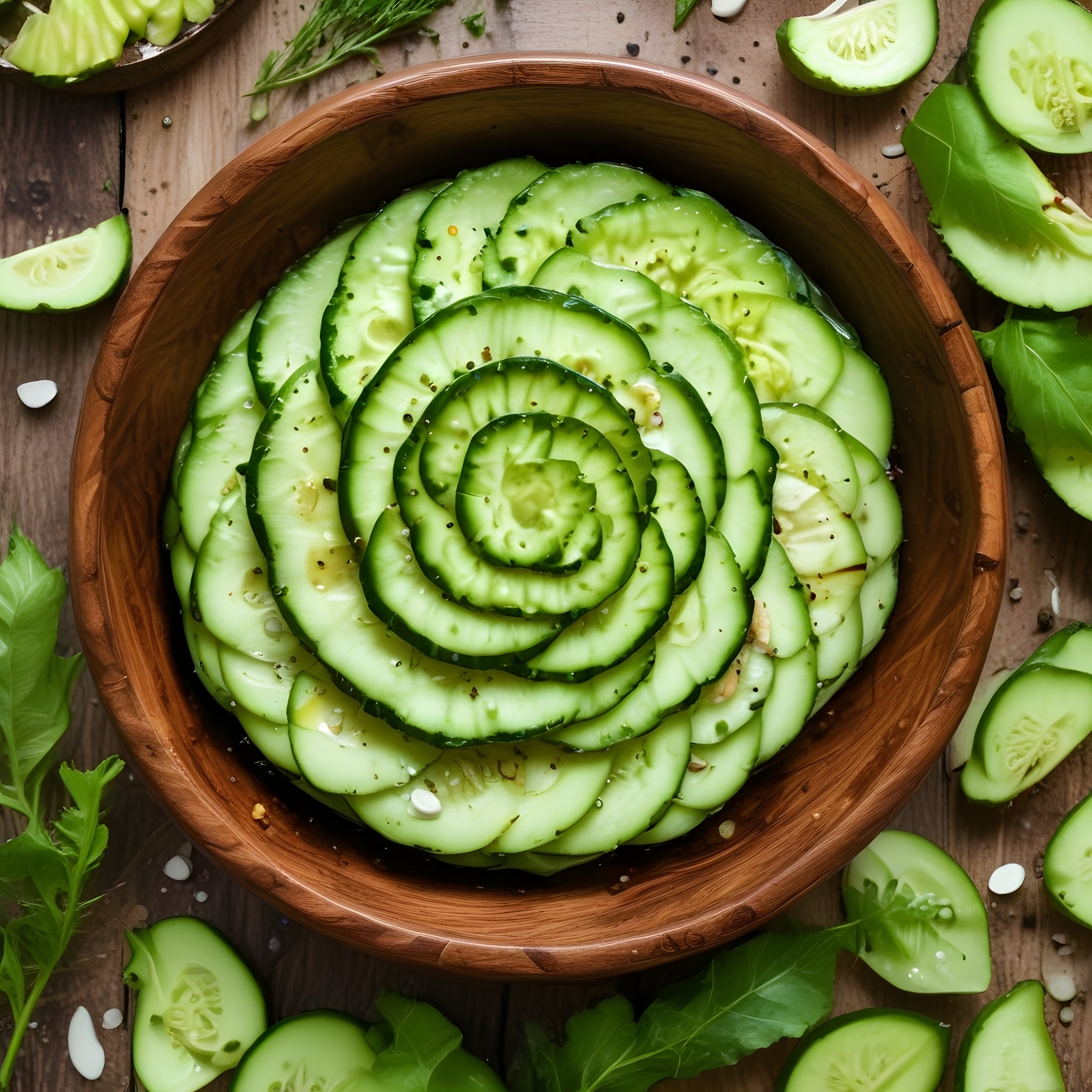 Doğal Ahşap Kasede Taze Salatalık Dilimleri ile Sağlıklı Salata Sunumu