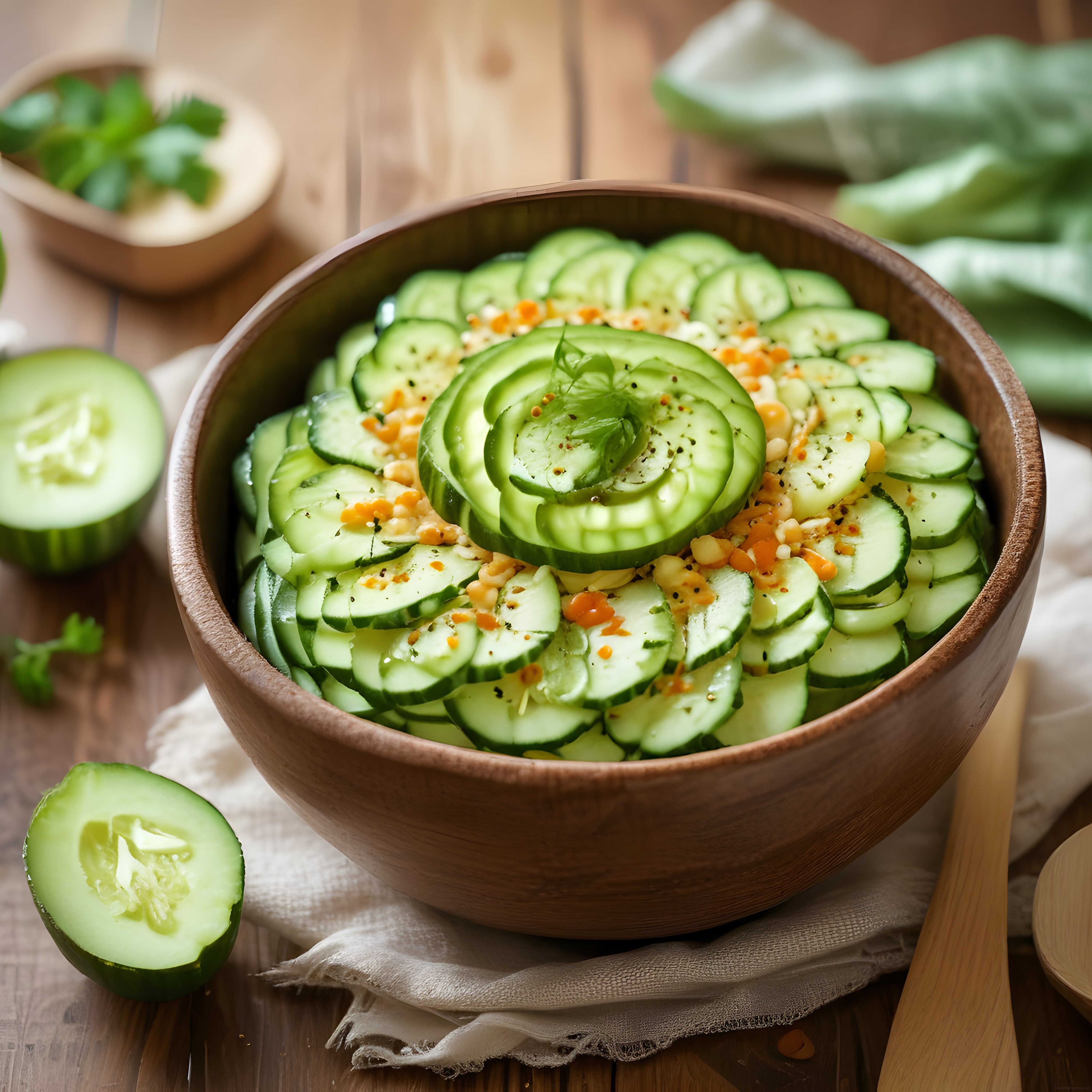 Doğal Ahşap Kasede Taze Salatalık Dilimleriyle Ferahlatıcı Salata Tarifi