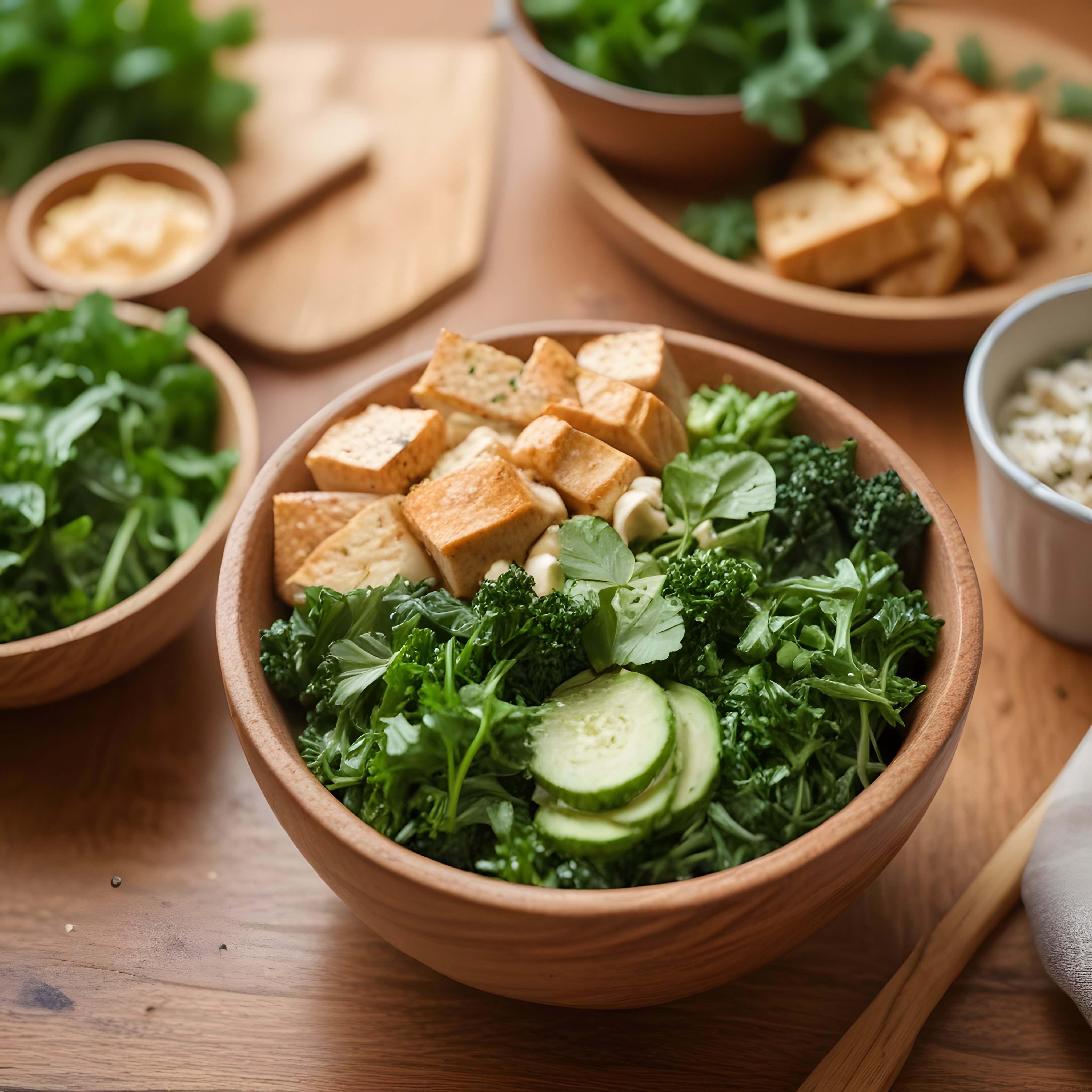 Doğal Ahşap Kasede Tofulu Brokoli Salatası ve Kroton ile Vegan Sunum