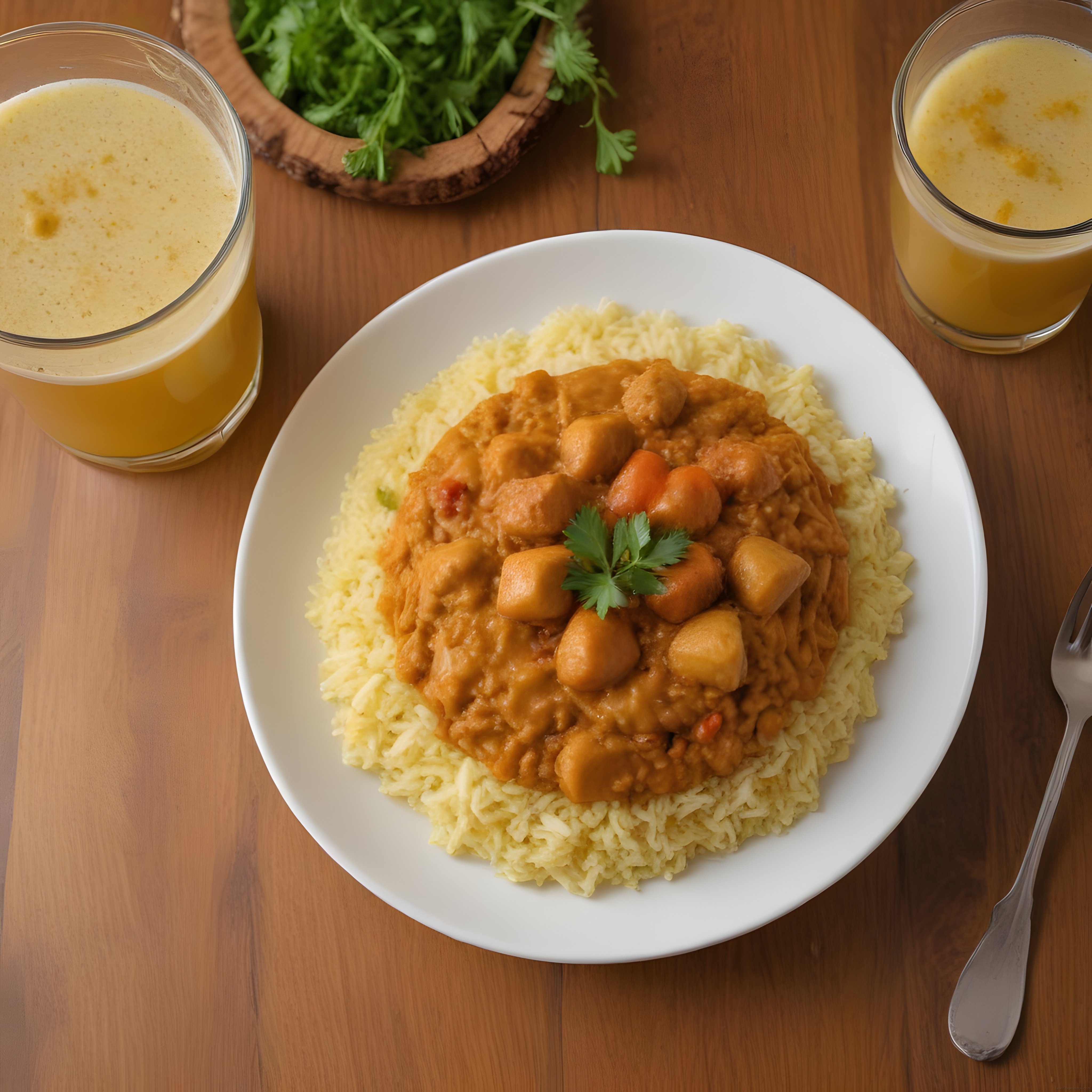Doğal Ahşap Masa Üzerinde Hint Usulü Tavuk Curry ve Lassi Sunumu