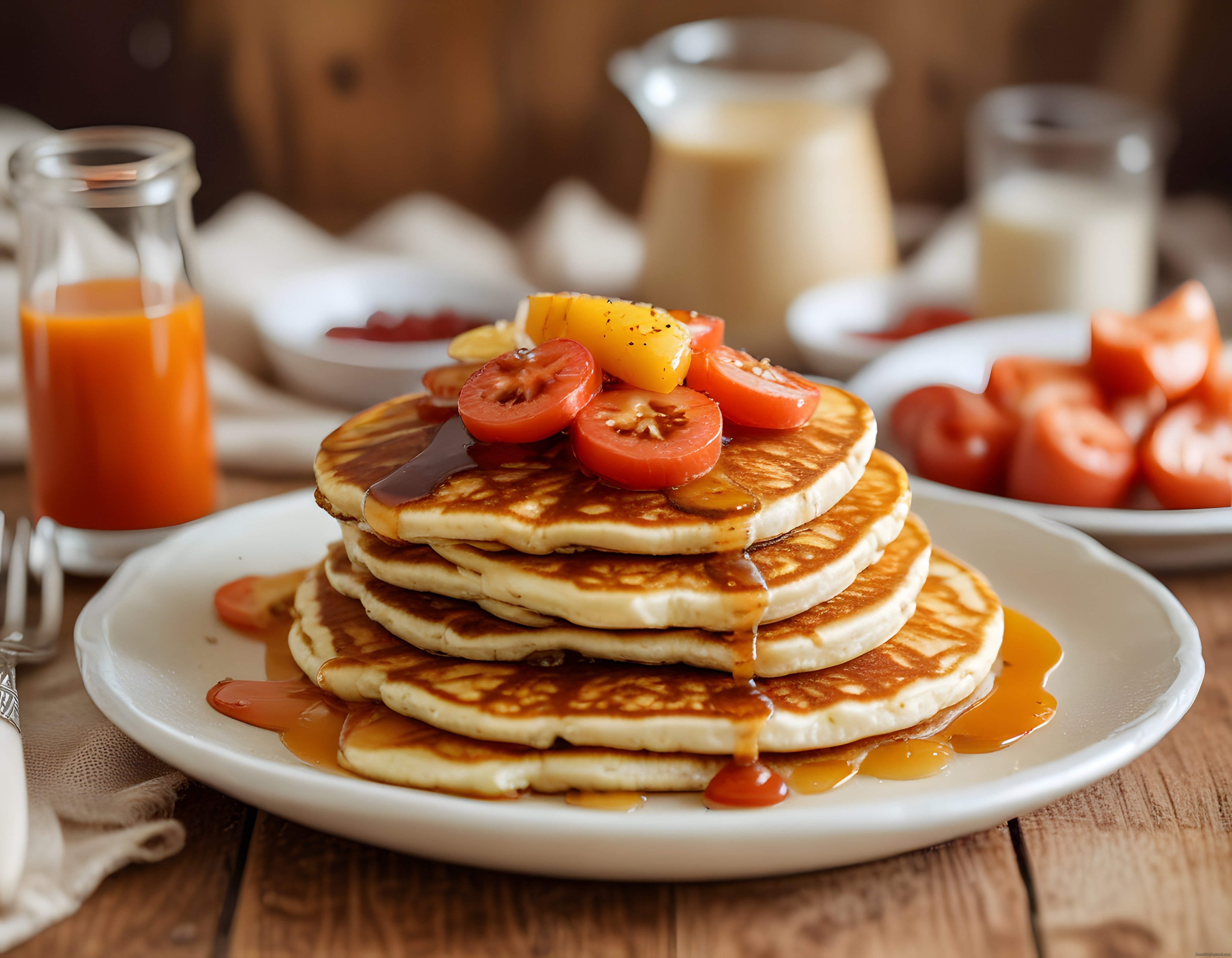 Doğal Ahşap Masada Ballı Şuruplu ve Taze Domatesli Sıcak Pancake Kahvaltısı