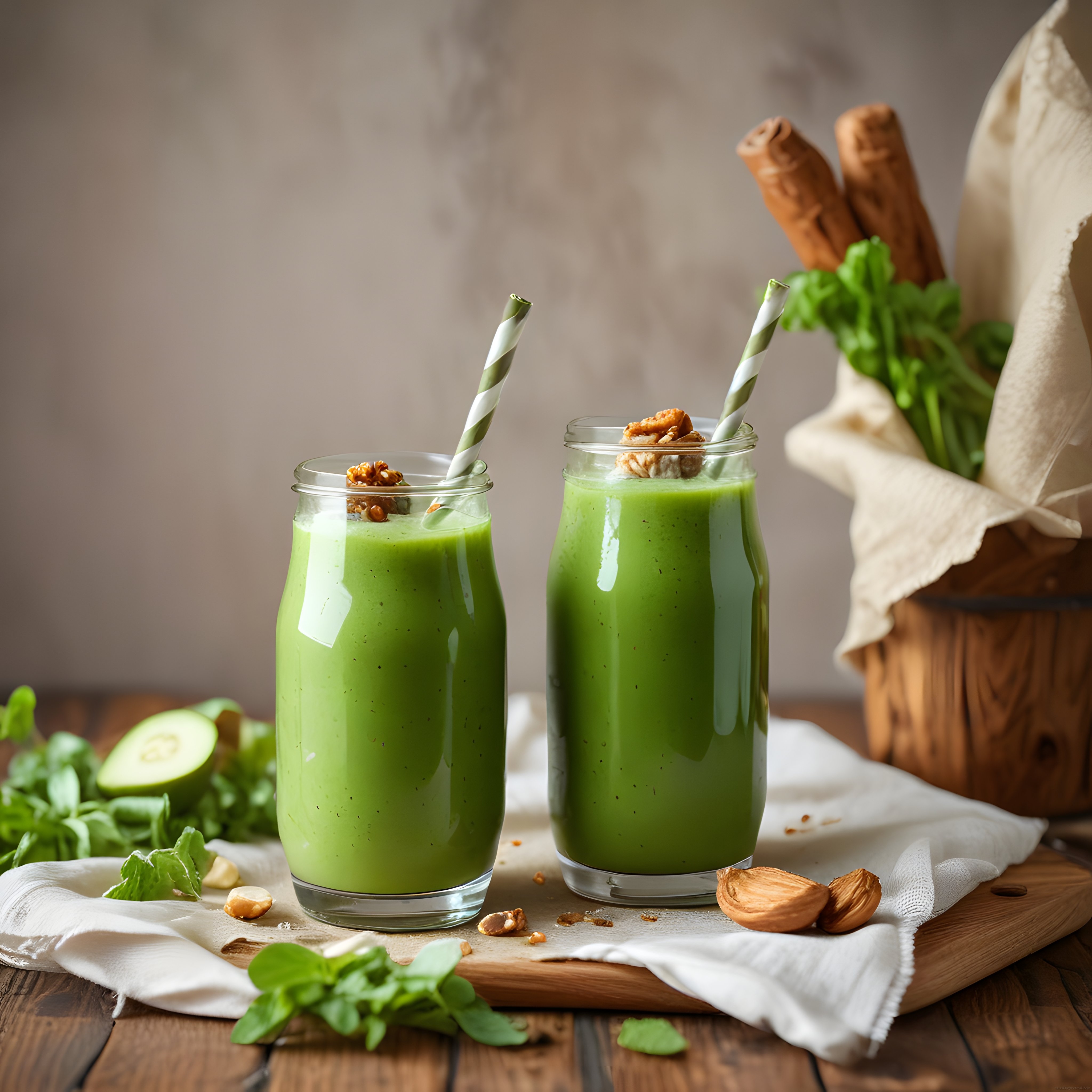 Doğal Ahşap Masada Cevizli ve Avokadolu Yeşil Detoks Smoothie Sunumu