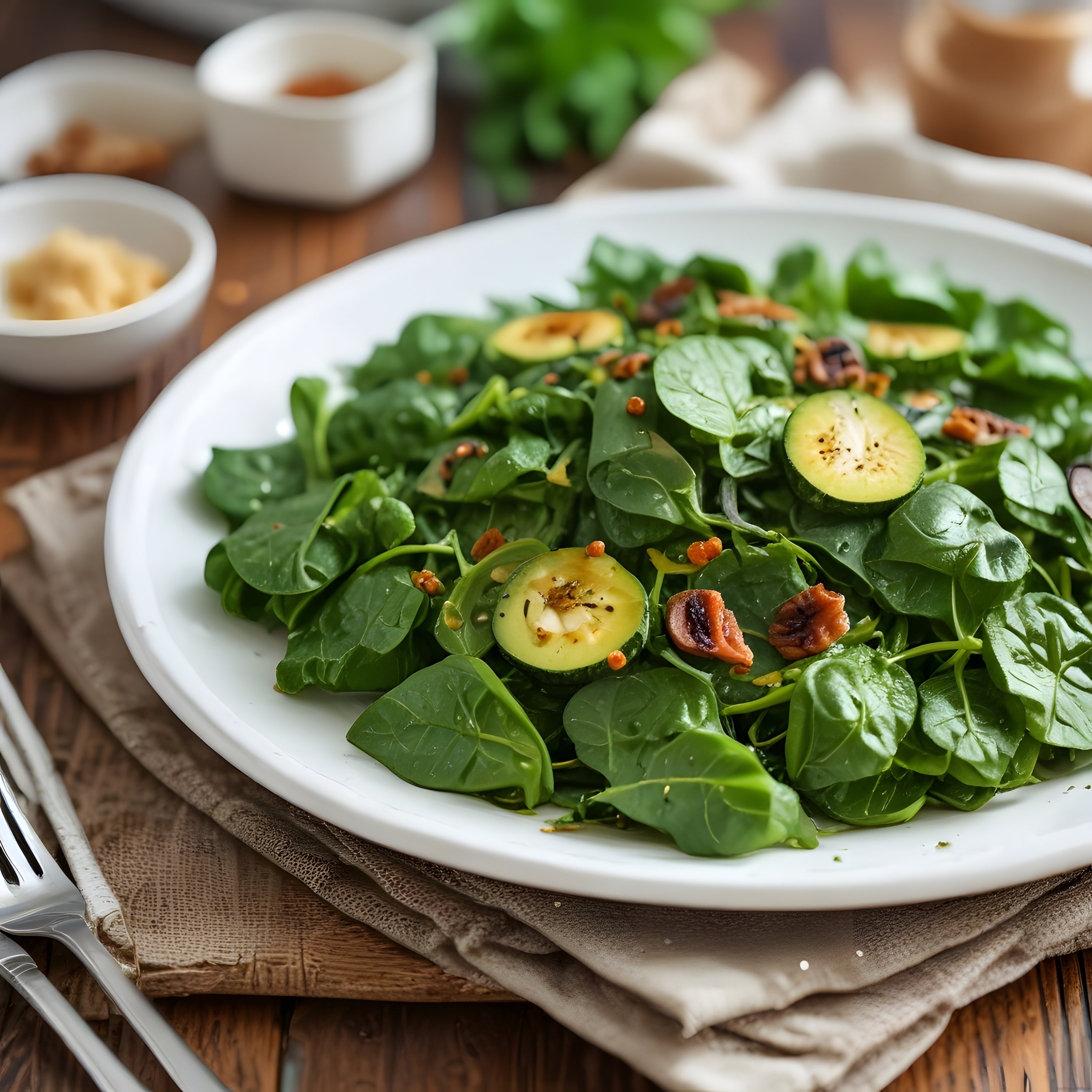 Doğal Ahşap Masada Ispanaklı Yeşil Salata ve Meyveli Sağlıklı Vegan Tabak