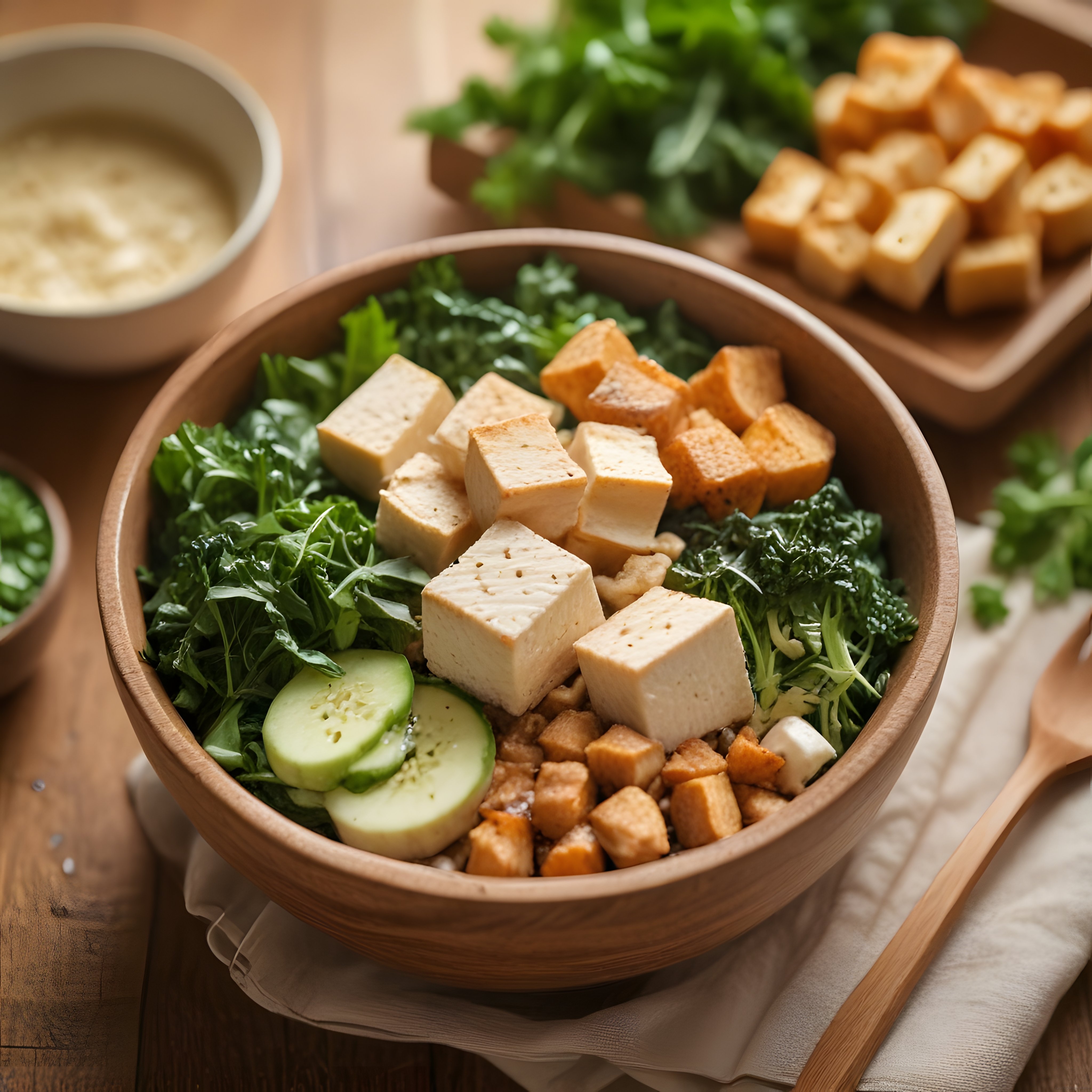 Doğal Ahşap Masada Kızarmış Tofulu ve Salatalıklı Vegan Bowl