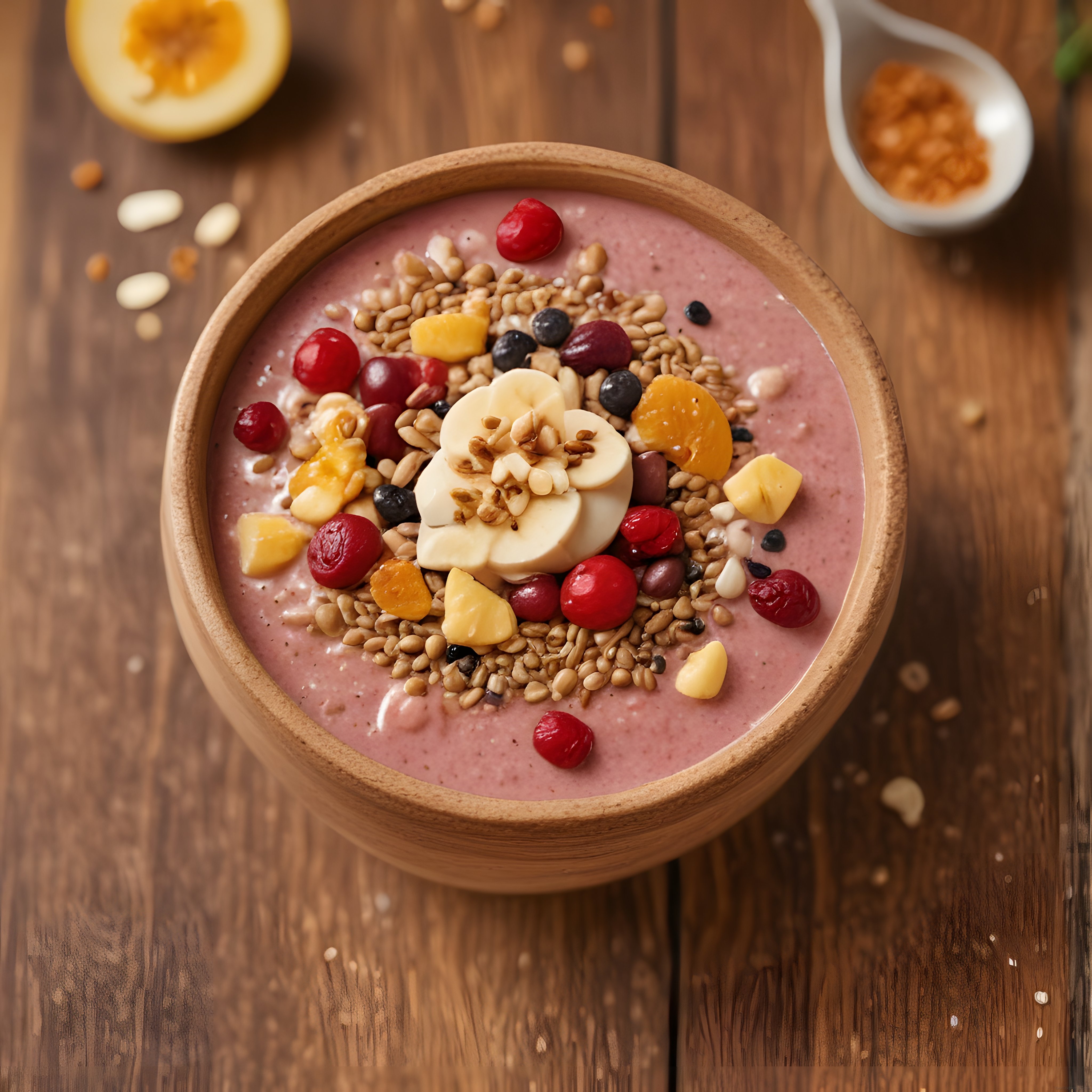 Doğal Ahşap Masada Renkli Meyveli ve Granolalı Sağlıklı Smoothie Bowl