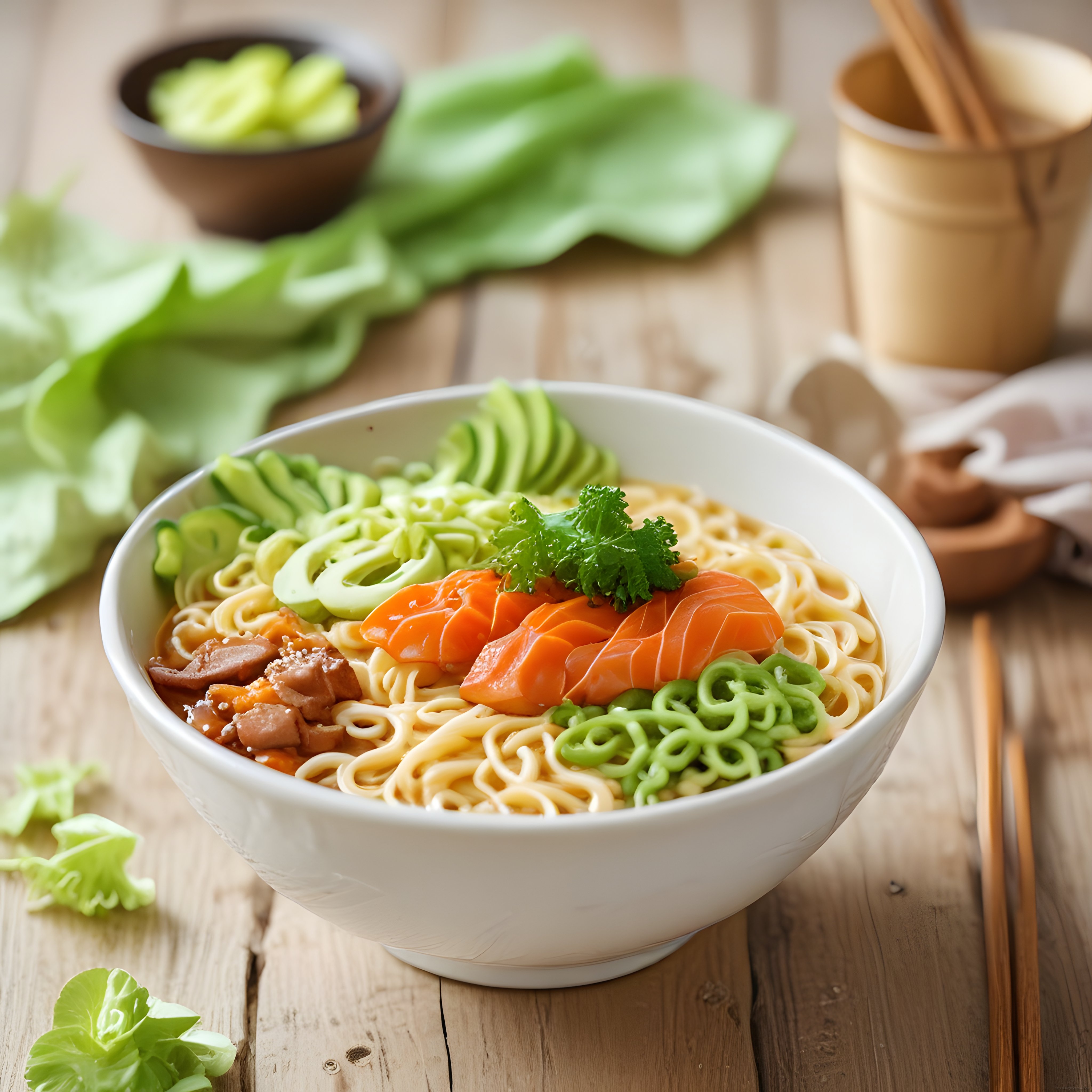 Doğal Ahşap Masada Renkli Somonlu Avokadolu Noodle Kase Sunumu