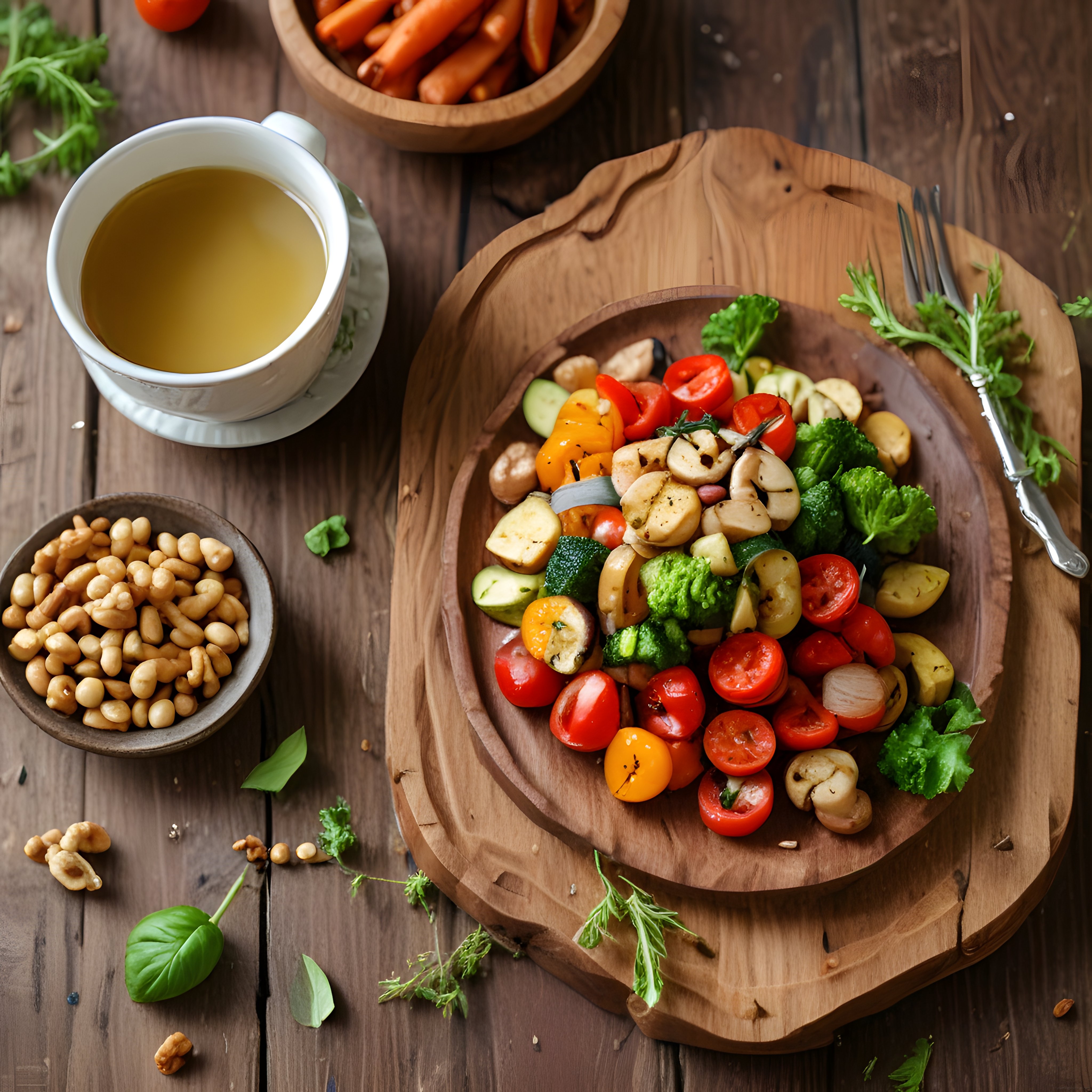 Doğal Ahşap Masada Sebzeli Vegan Tabak, Bakliyat ve Bitki Çayı Sunumu