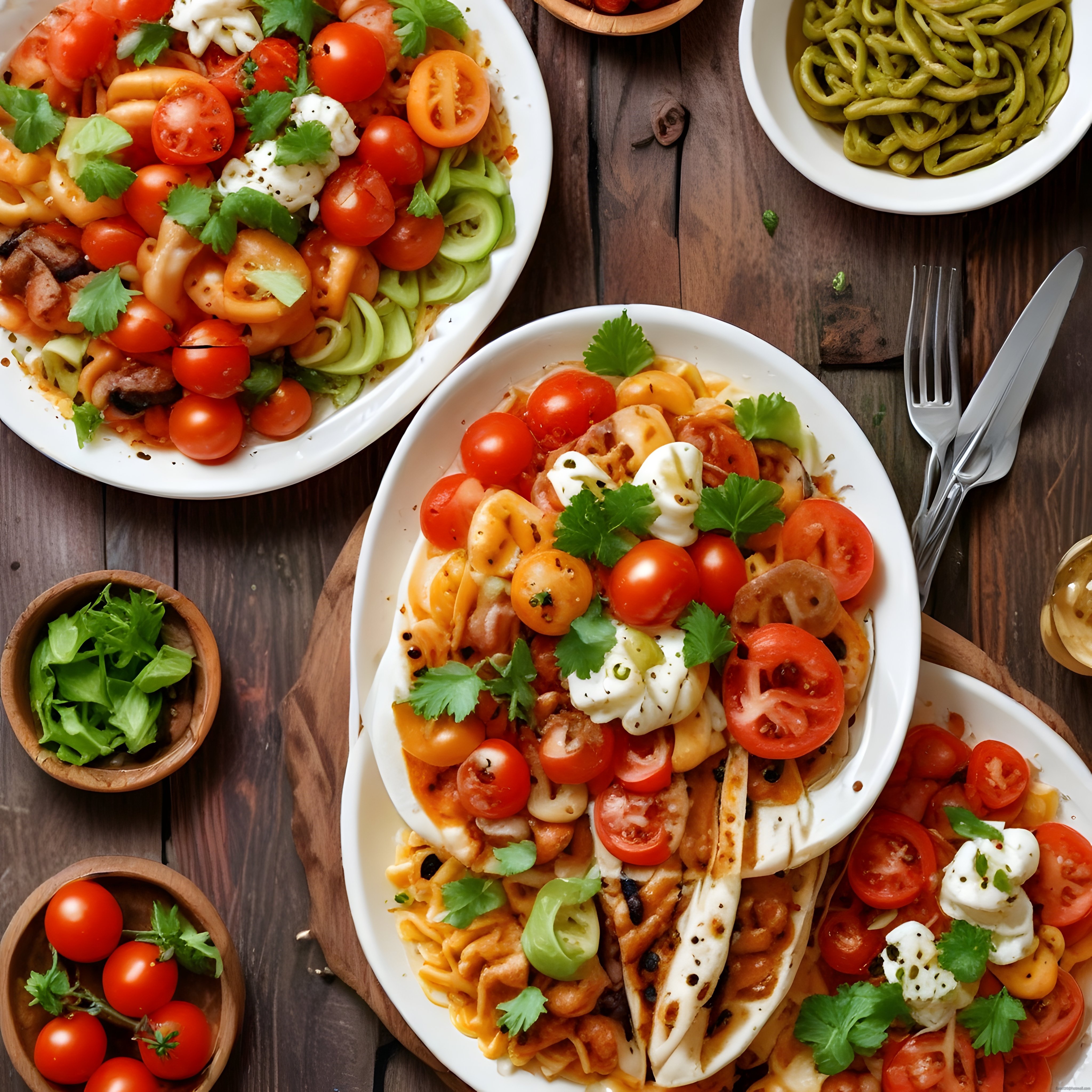 doğal ahşap masada taze domates ve mozzarellalı makarna tabağı