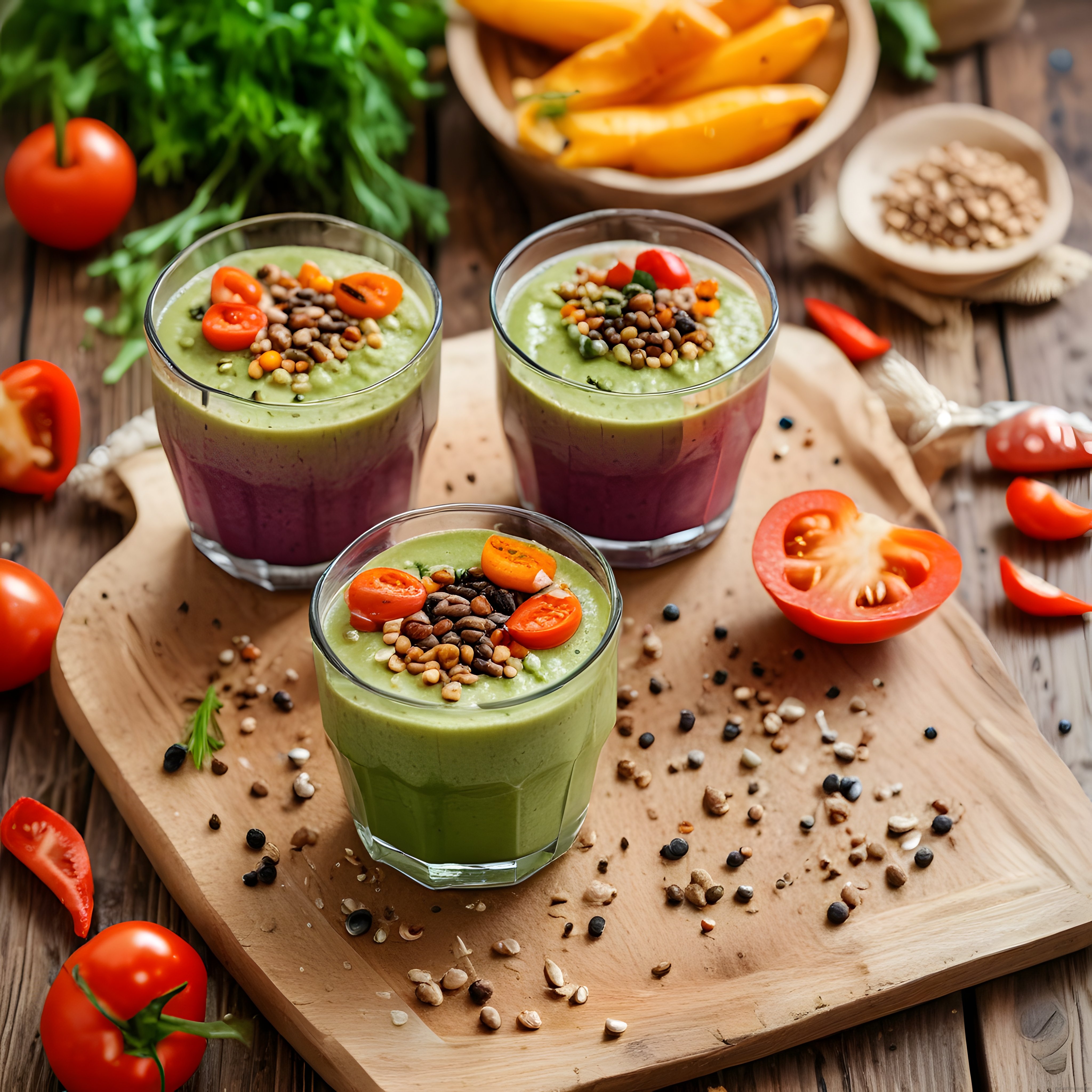 Doğal Ahşap Mutfakta Renkli Katmanlı Smoothie ve Taze Sebze Sunumu