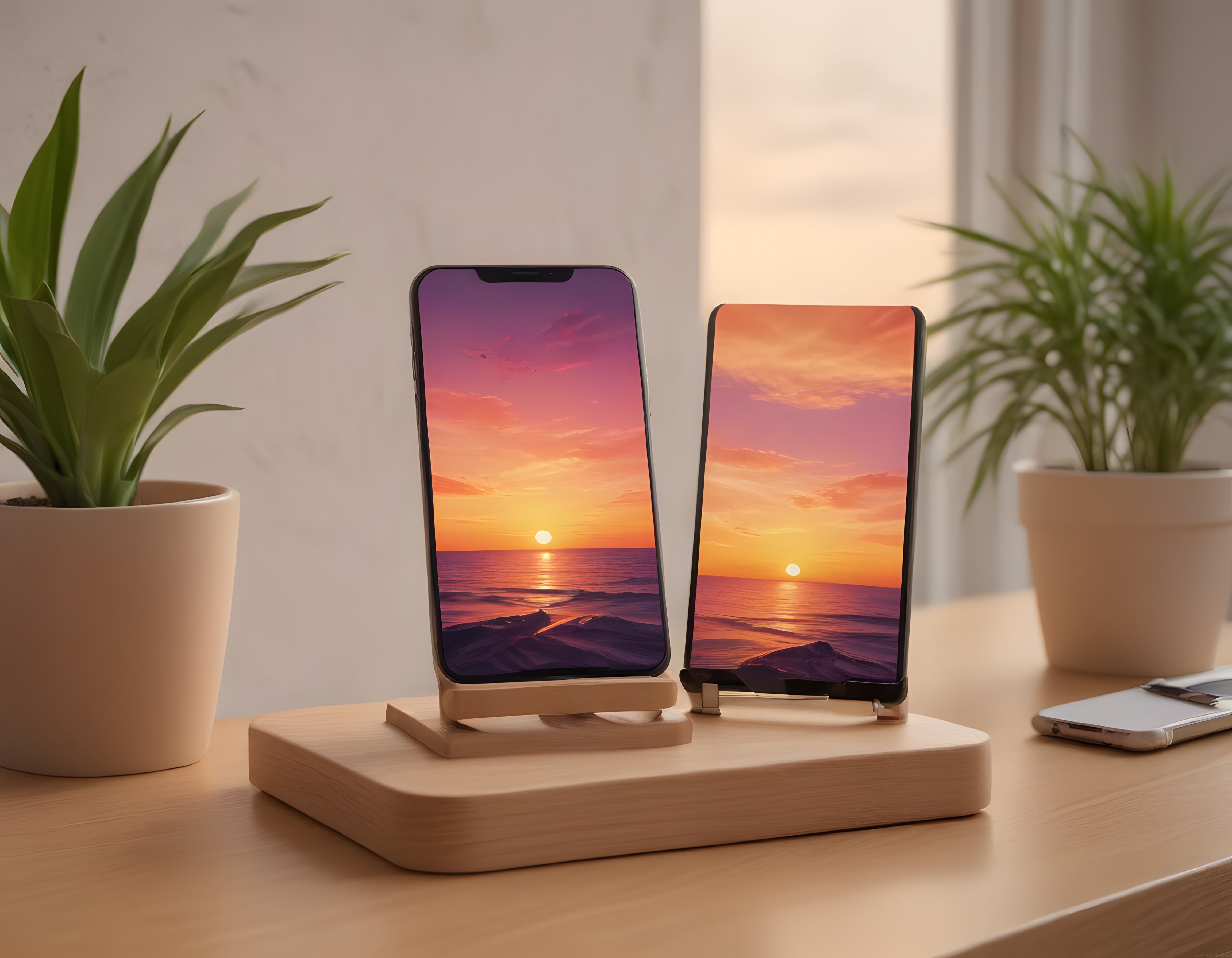 Doğal Ahşap Standlarda Gün Batımı Manzaralı Akıllı Telefonlar ve Yeşil Bitkiler