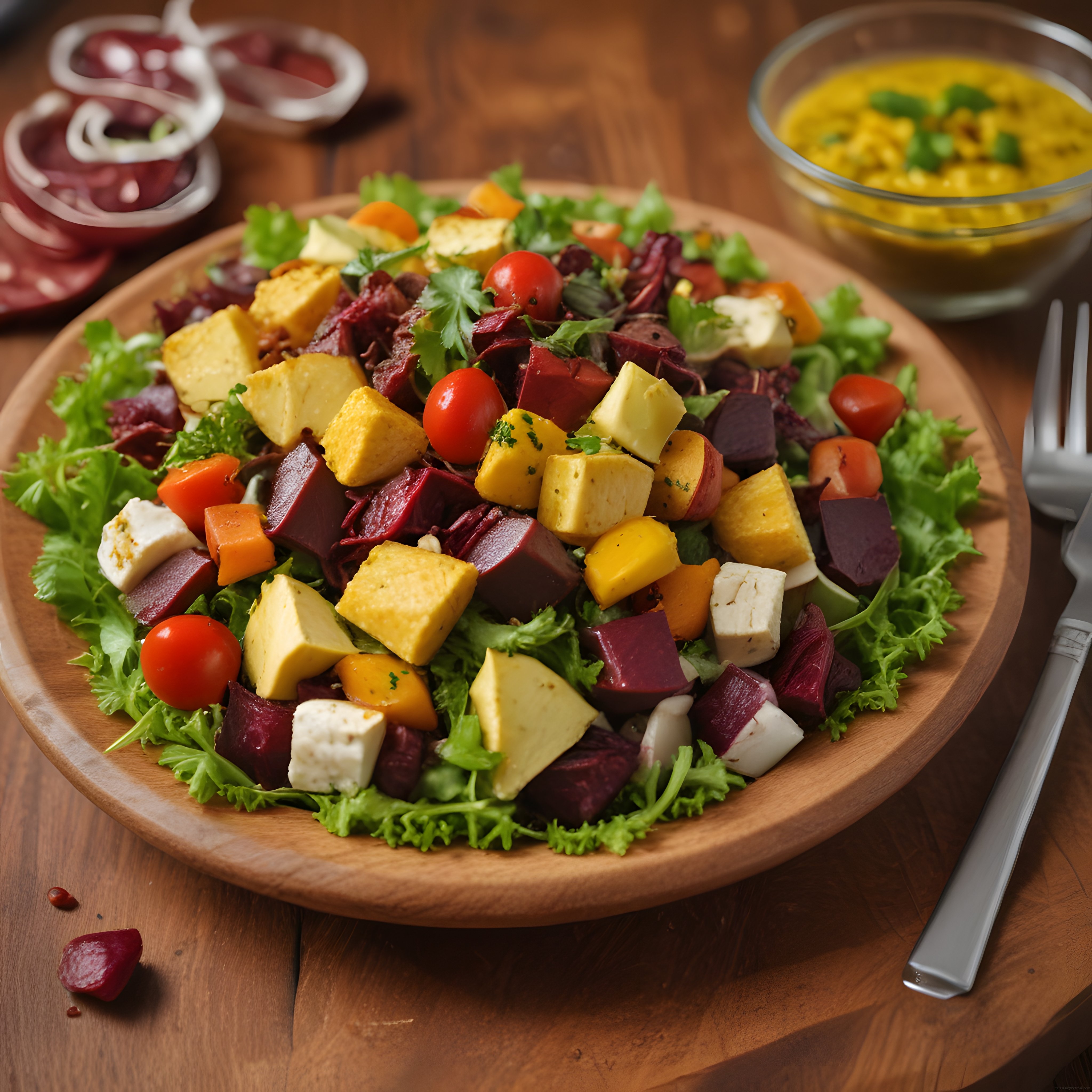 doğal ahşap sunum tahtası üzerinde pancarlı avokadolu sağlıklı salata