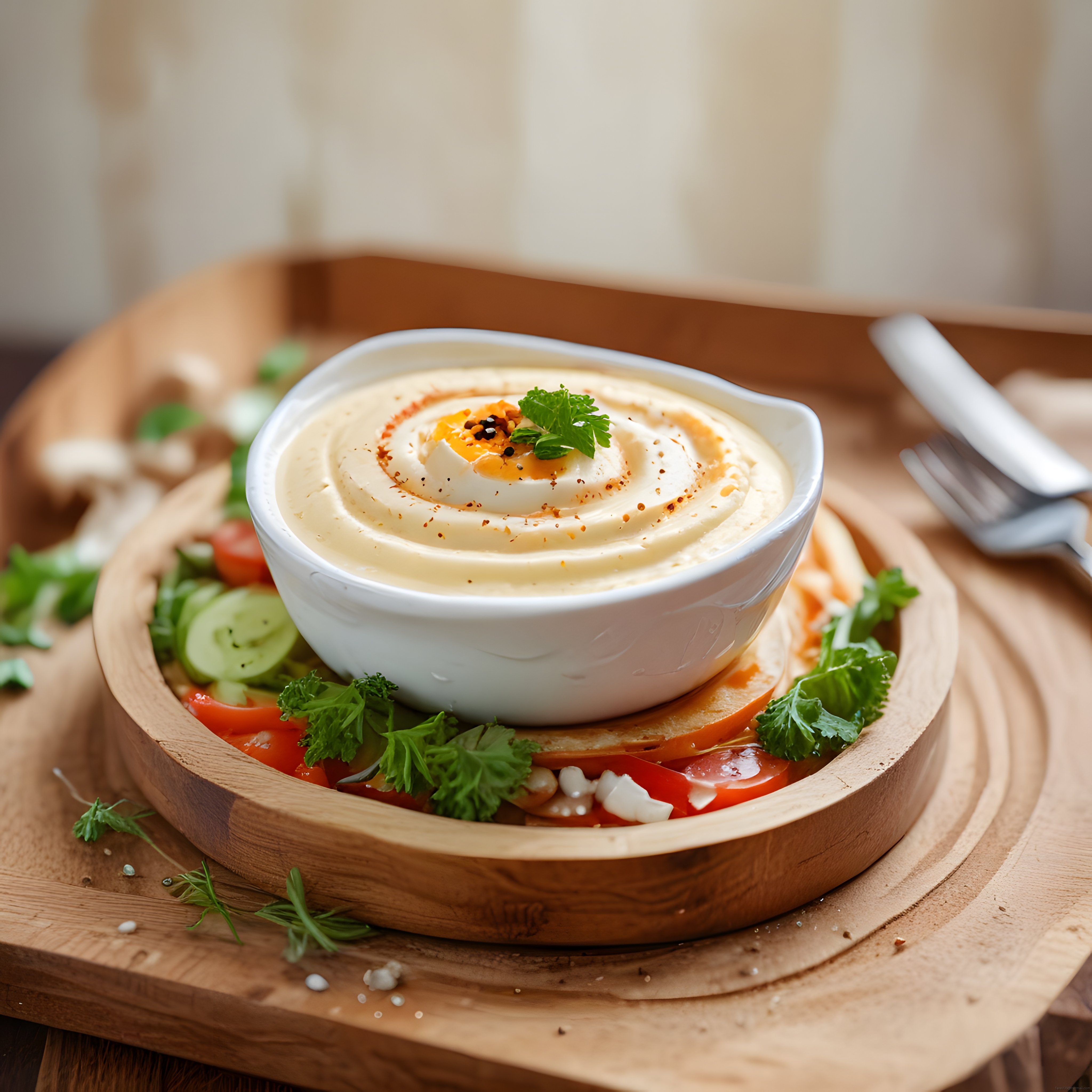 Doğal Ahşap Sunum Üzerinde Zeytinyağı ve Baharatlı Ev Yapımı Humus Kasesi
