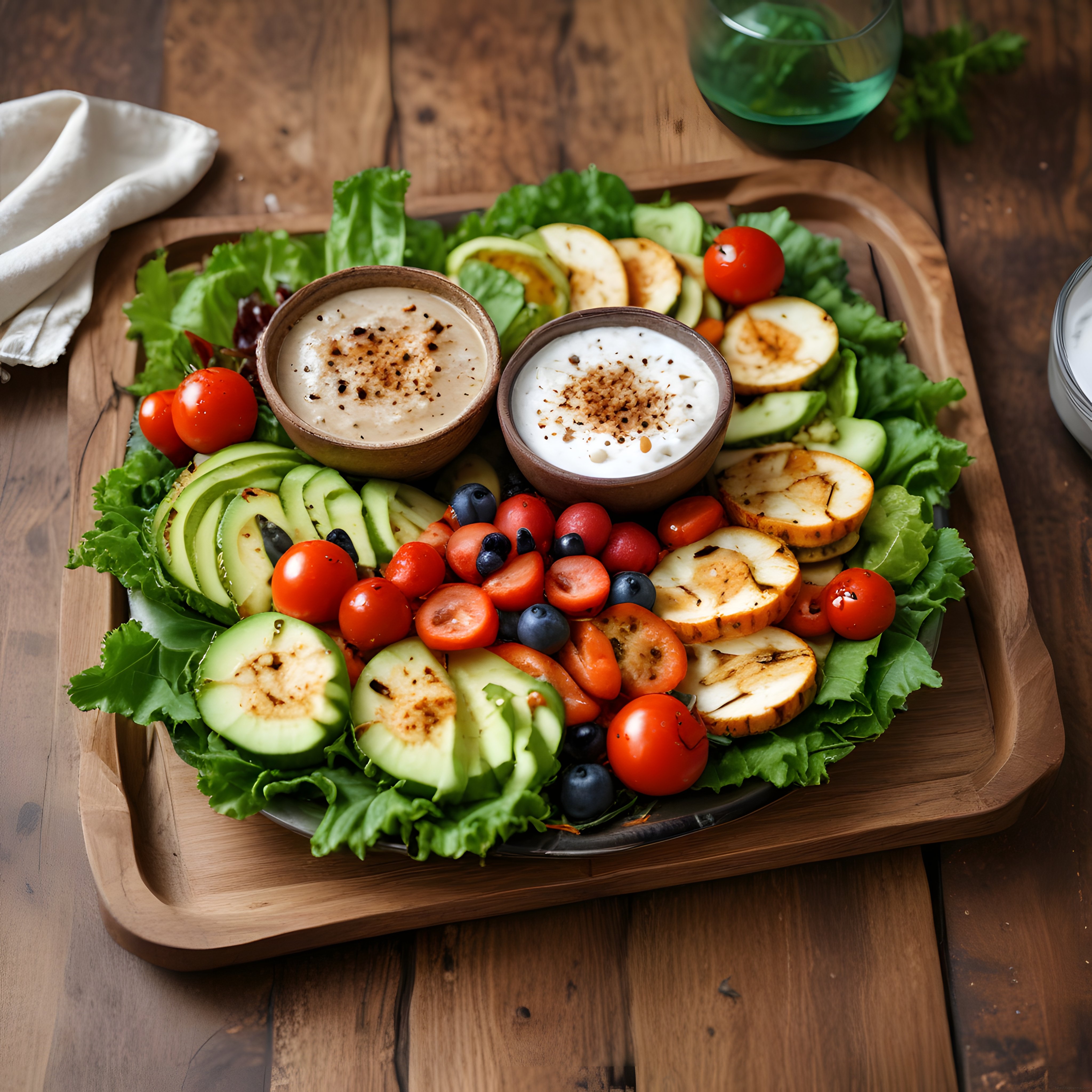 Doğal Ahşap Sunumda Izgara Sebze ve Yeşillikli Taze Salata Tabağı