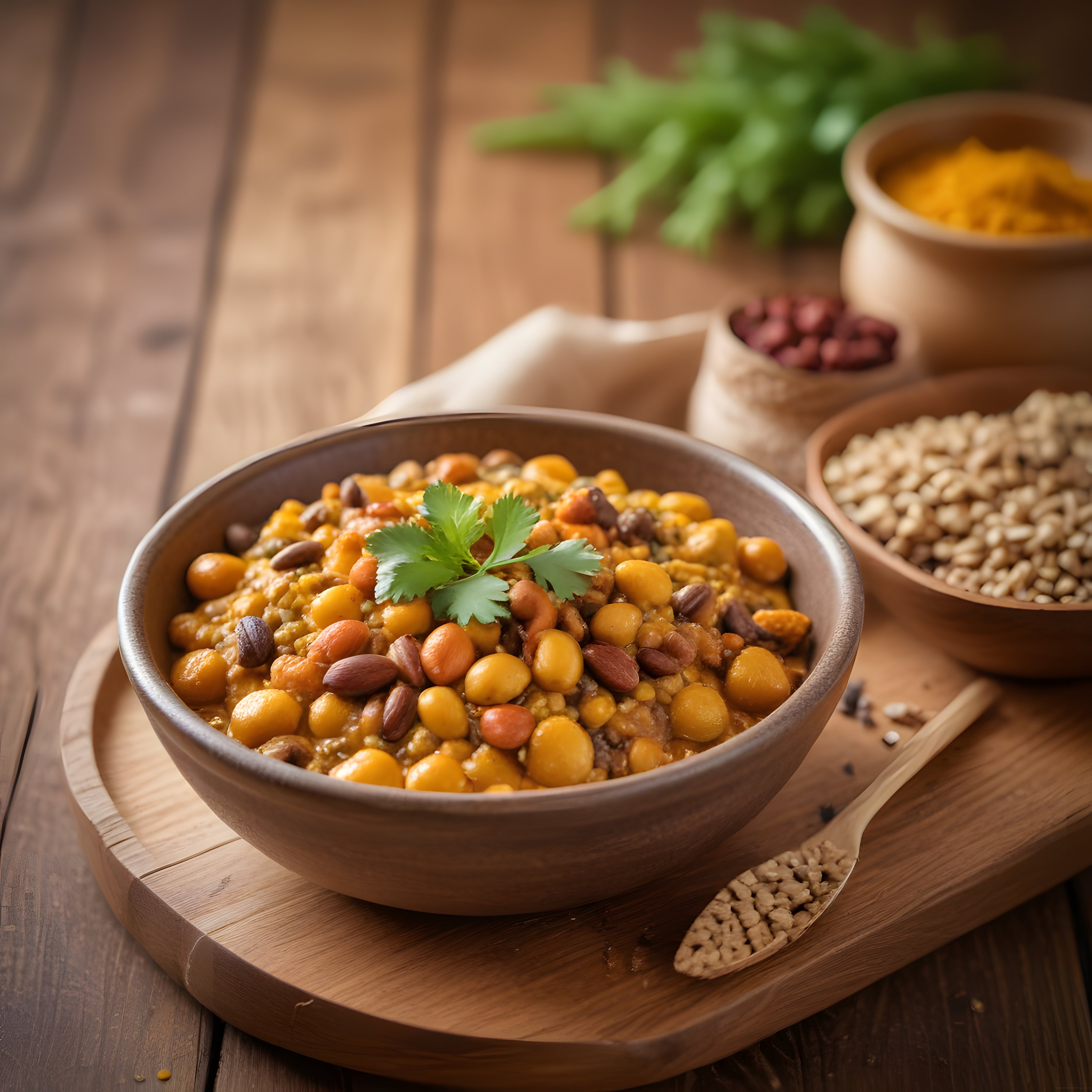 Doğal Ahşap Sunumda Nohutlu Fıstıklı ve Kişnişli Sağlıklı Vegan Kase Yemeği