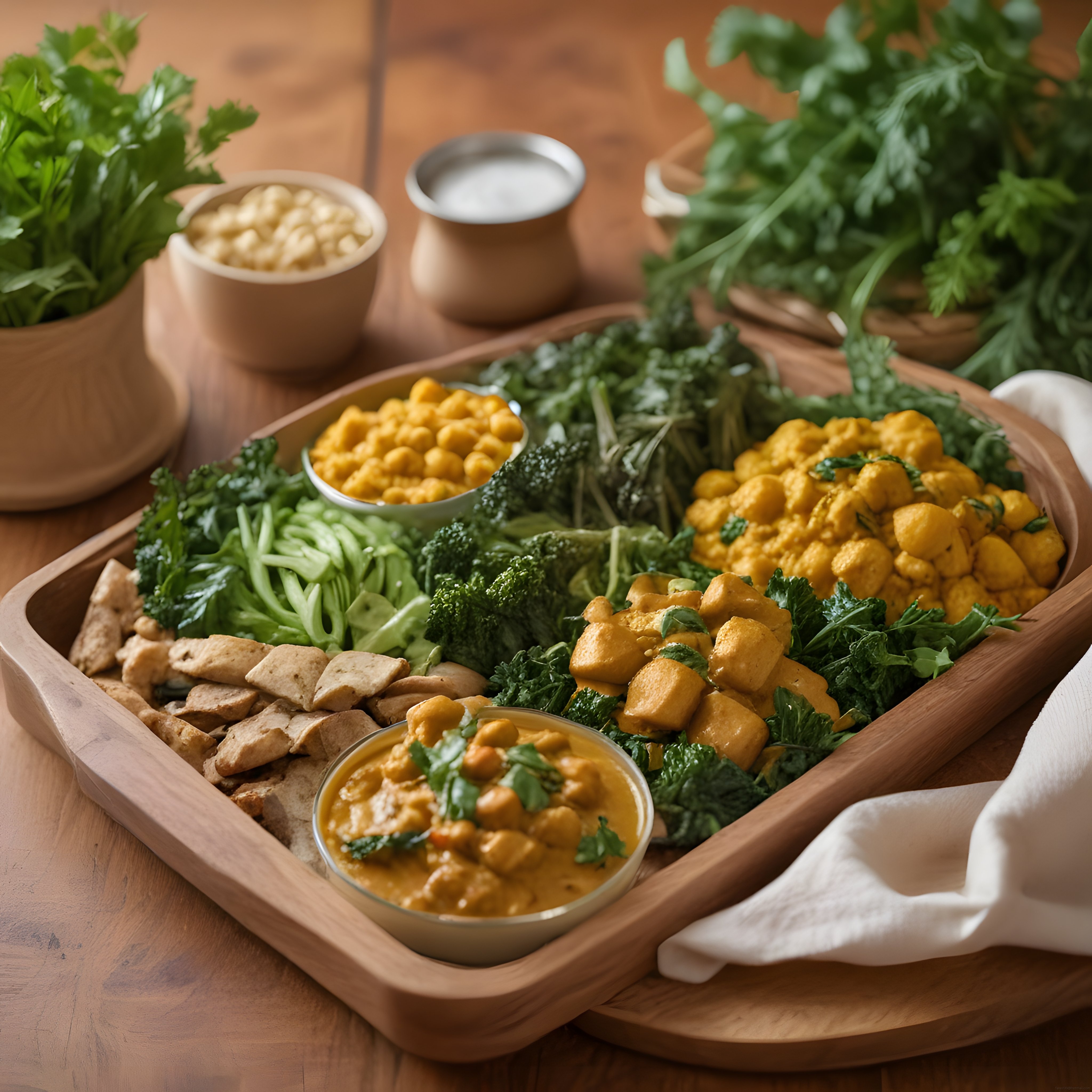 Doğal Ahşap Sunumda Nohutlu Vegan Bowl Yeşillik ve Sağlıklı Kase