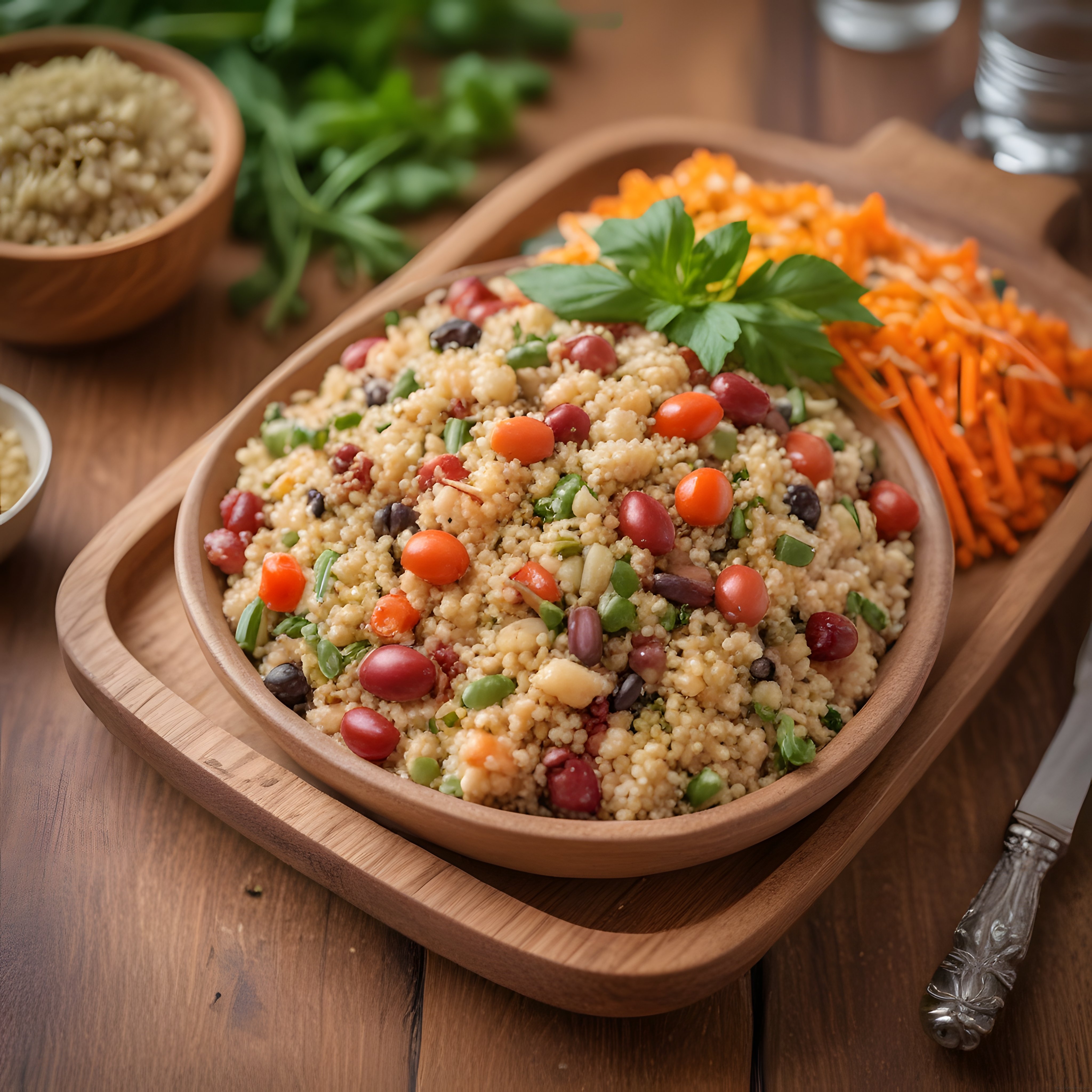 Doğal Ahşap Sunumda Renkli Kuskus Salatası: Taze ve Besleyici