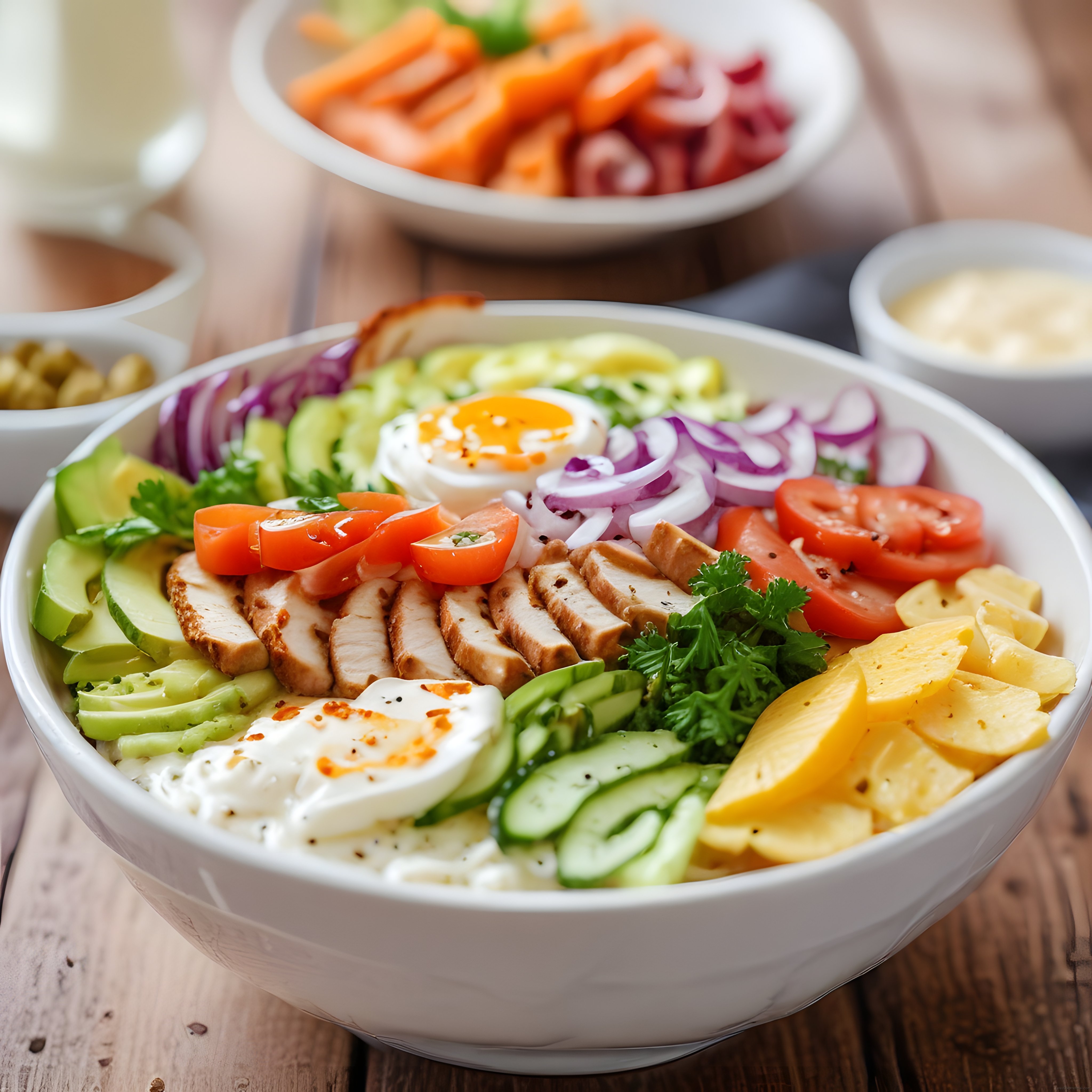 Doğal Ahşap Sunumda Renkli Sebzelerle Dolu Tavuklu Protein Kasesi