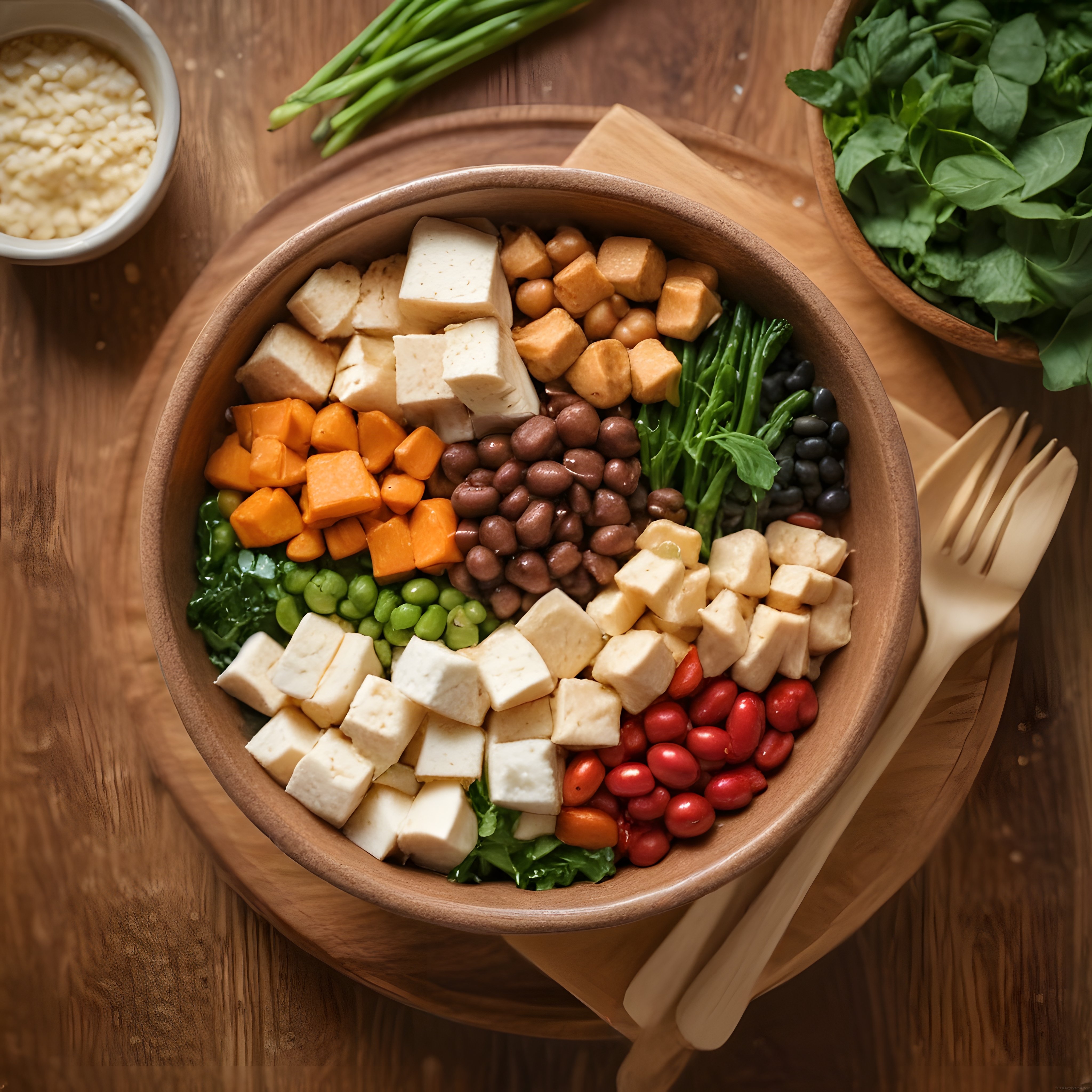 Doğal ahşap sunumda renkli sebzeli ve bakliyatlı besleyici vegan kase