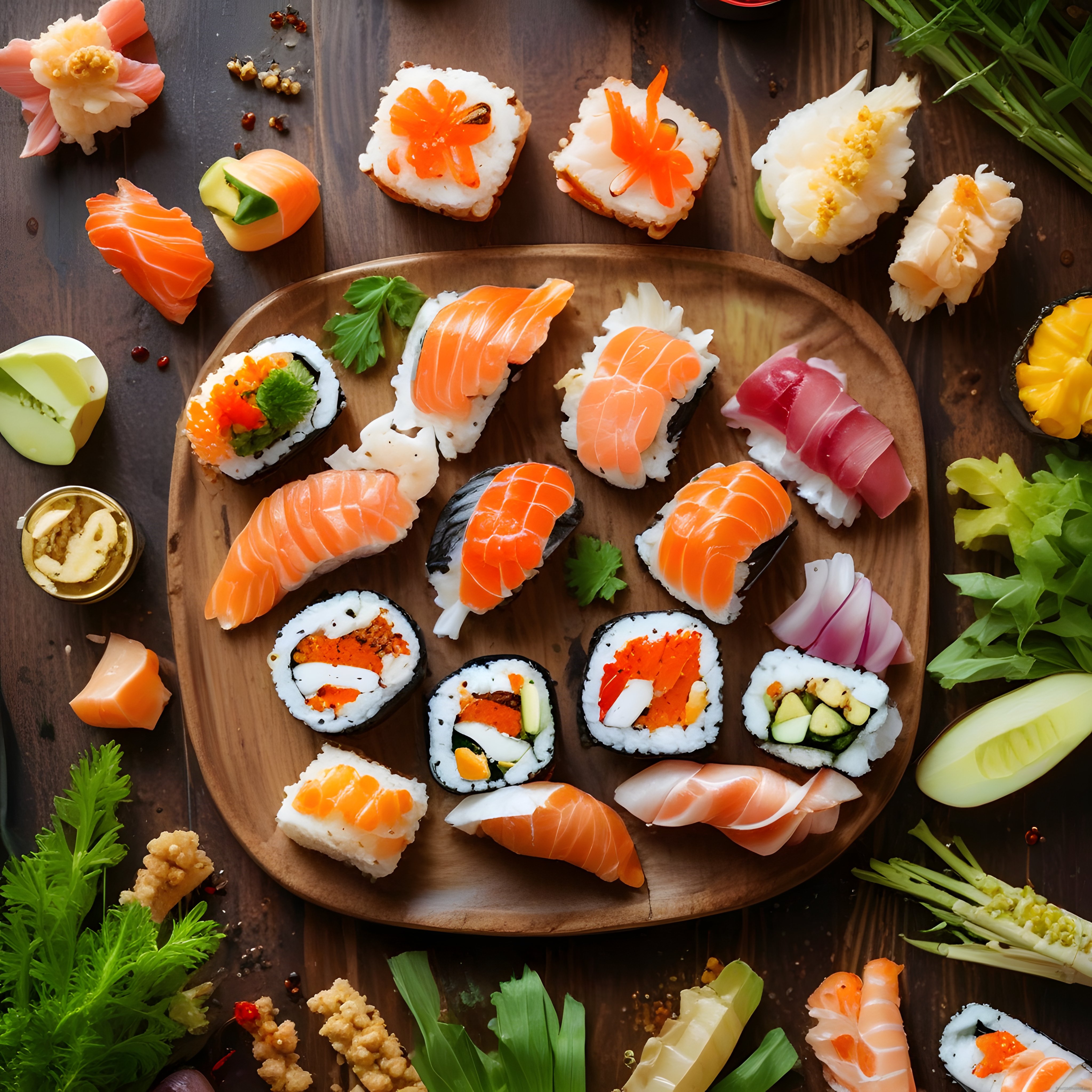 Doğal Ahşap Sunumda Renkli ve Lezzetli Nigiri Maki Sushi Çeşitleri
