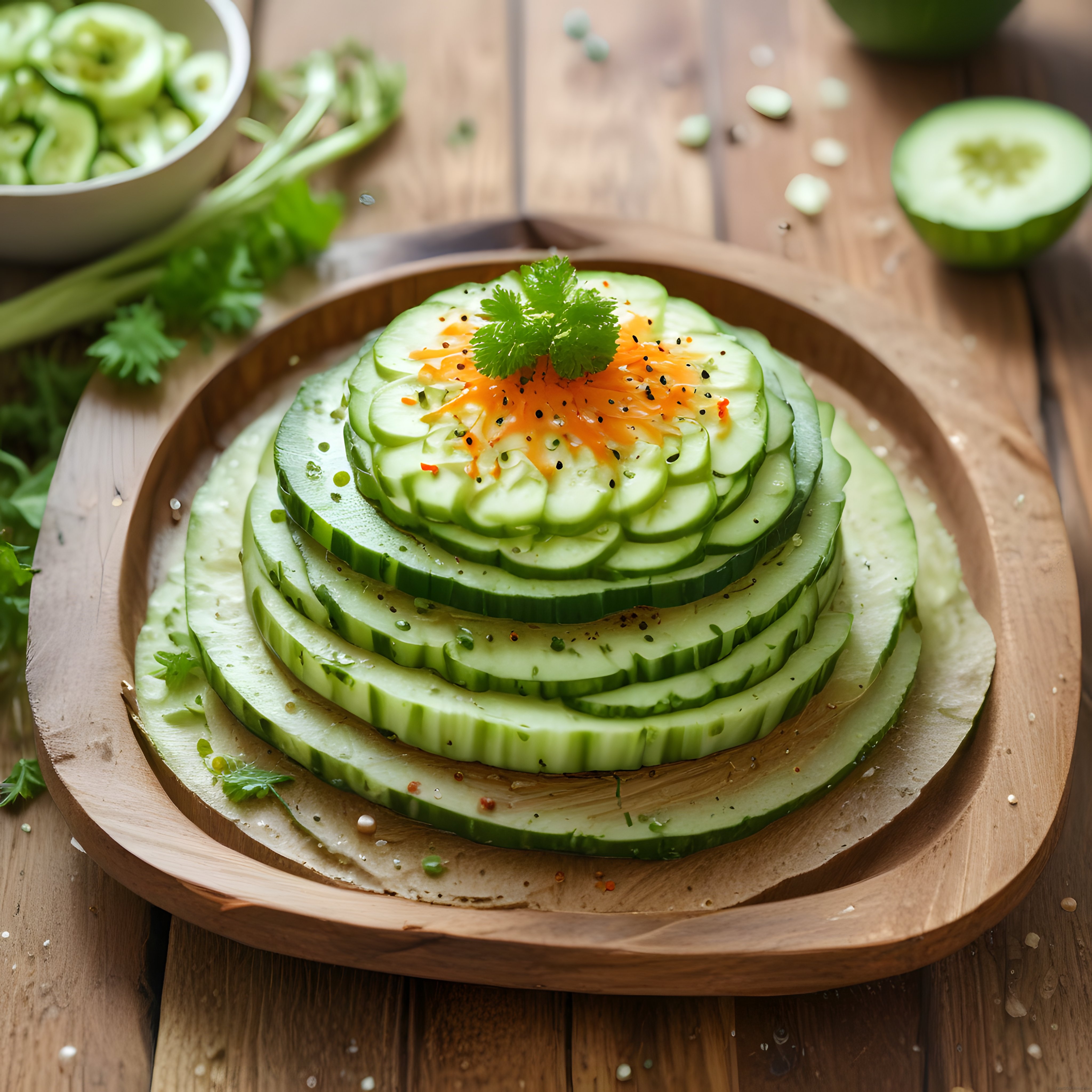 Doğal Ahşap Sunumda Salatalık Dilimleriyle Süslenmiş Turuncu Soslu Taze Meze