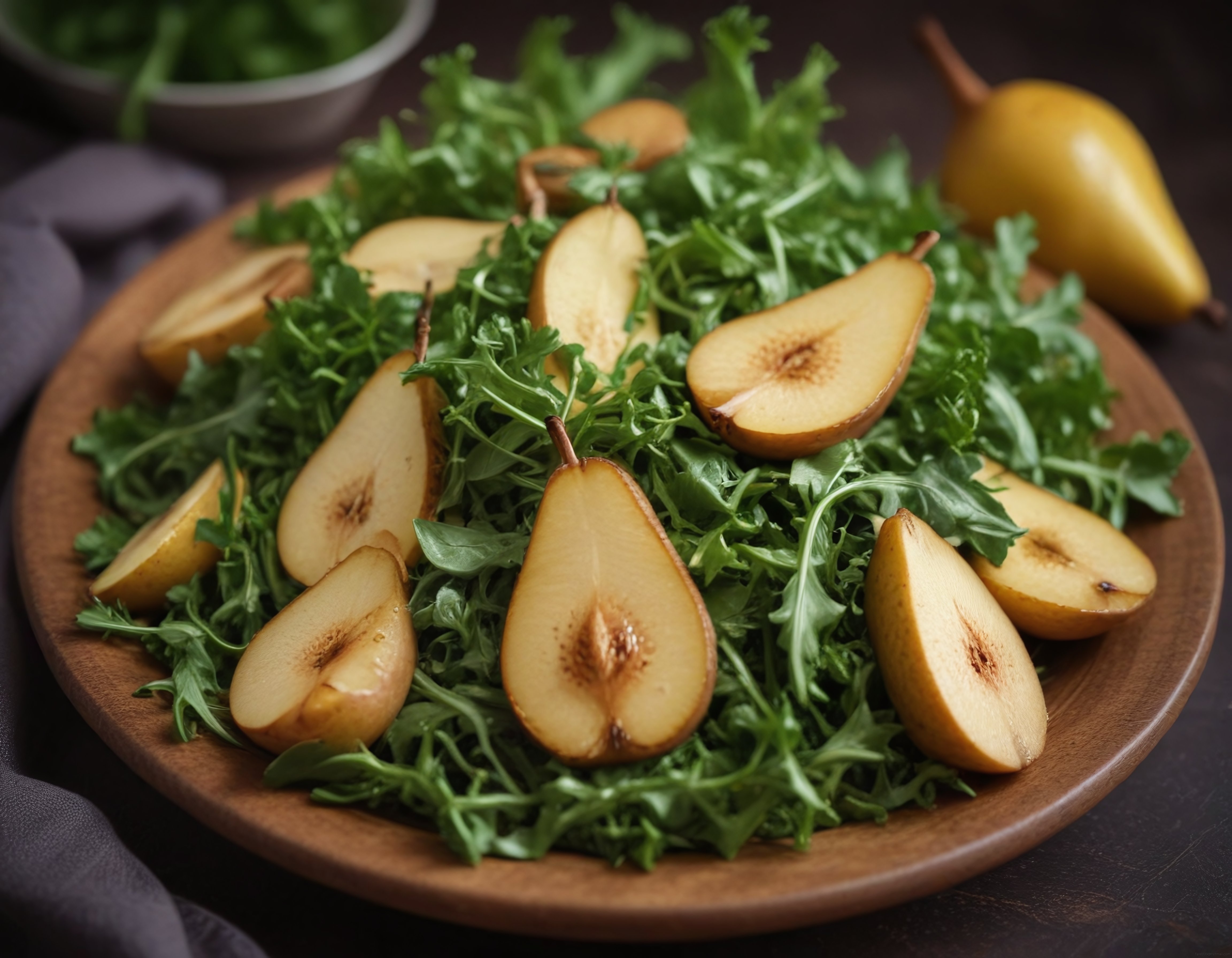 Doğal Ahşap Sunumda Taze Roka ve Armut Dilimli Sağlıklı Salata
