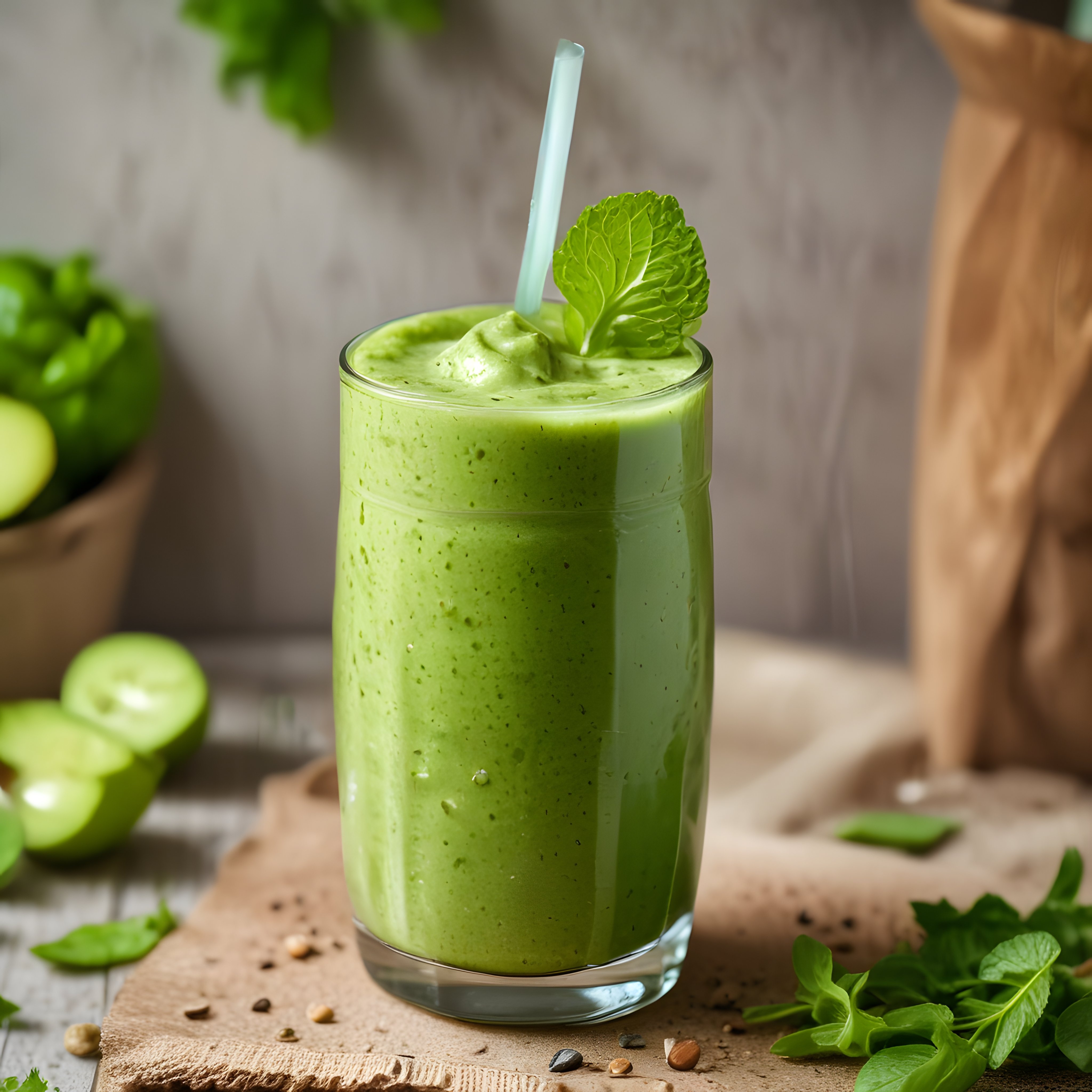 Doğal Ahşap Sunumda Taze Yeşil Smoothie ve Salatalık Detoks İçeceği