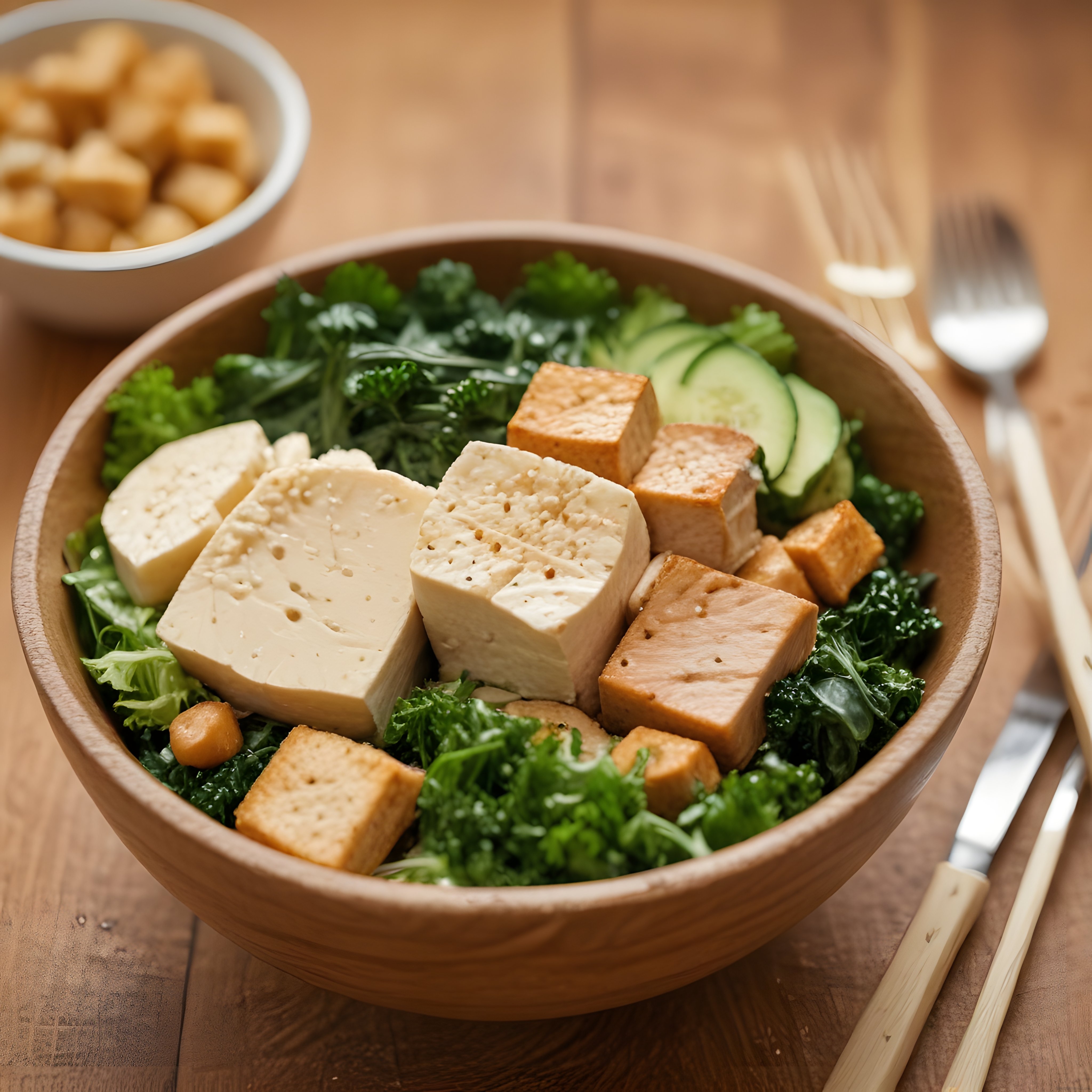 Doğal Ahşap Sunumda Tofu ve Nohutlu Besleyici Vegan Güveç Kasesi