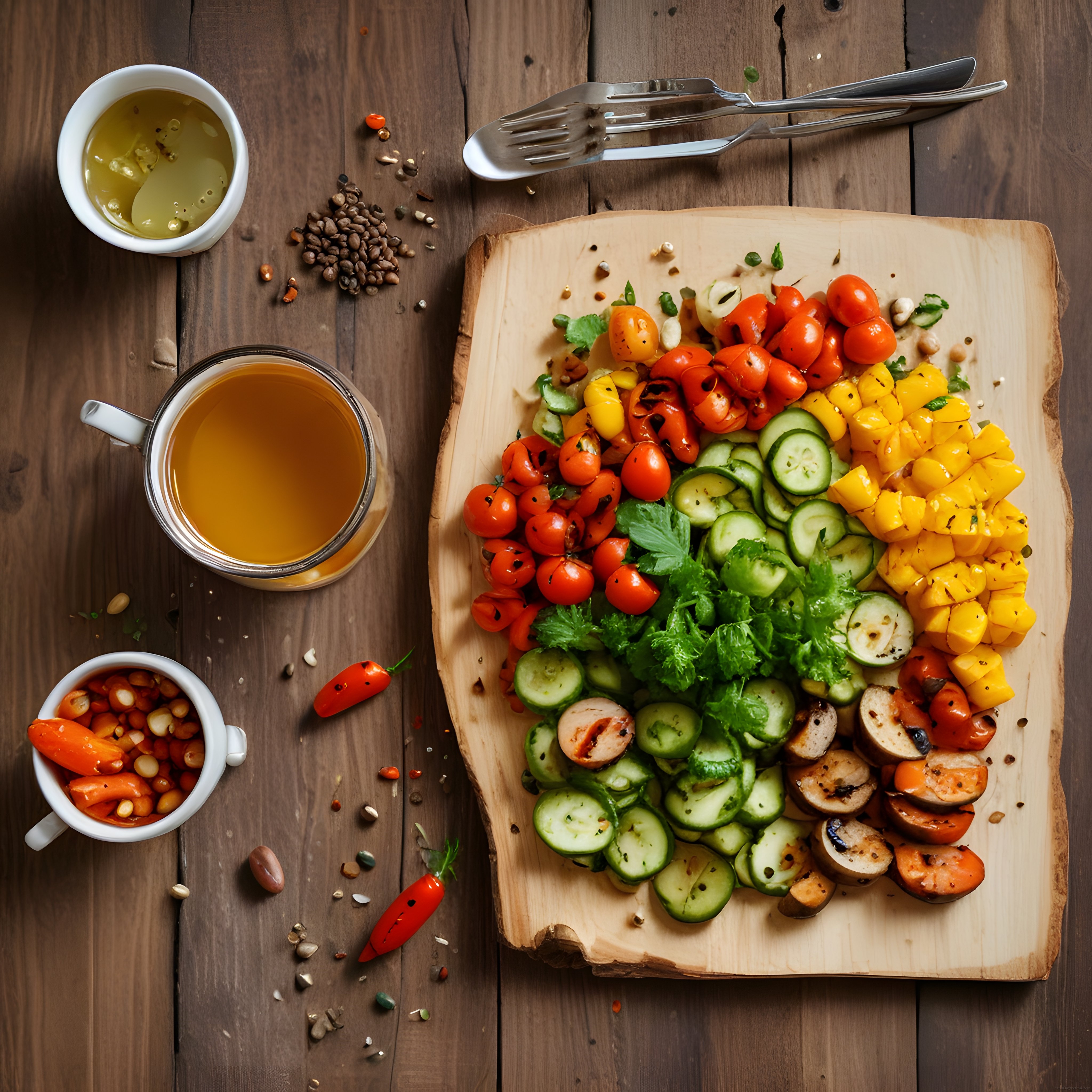 Doğal Ahşap Tahta Üzerinde Renkli Sebze Salatası ve Sağlıklı Kase Sunumu