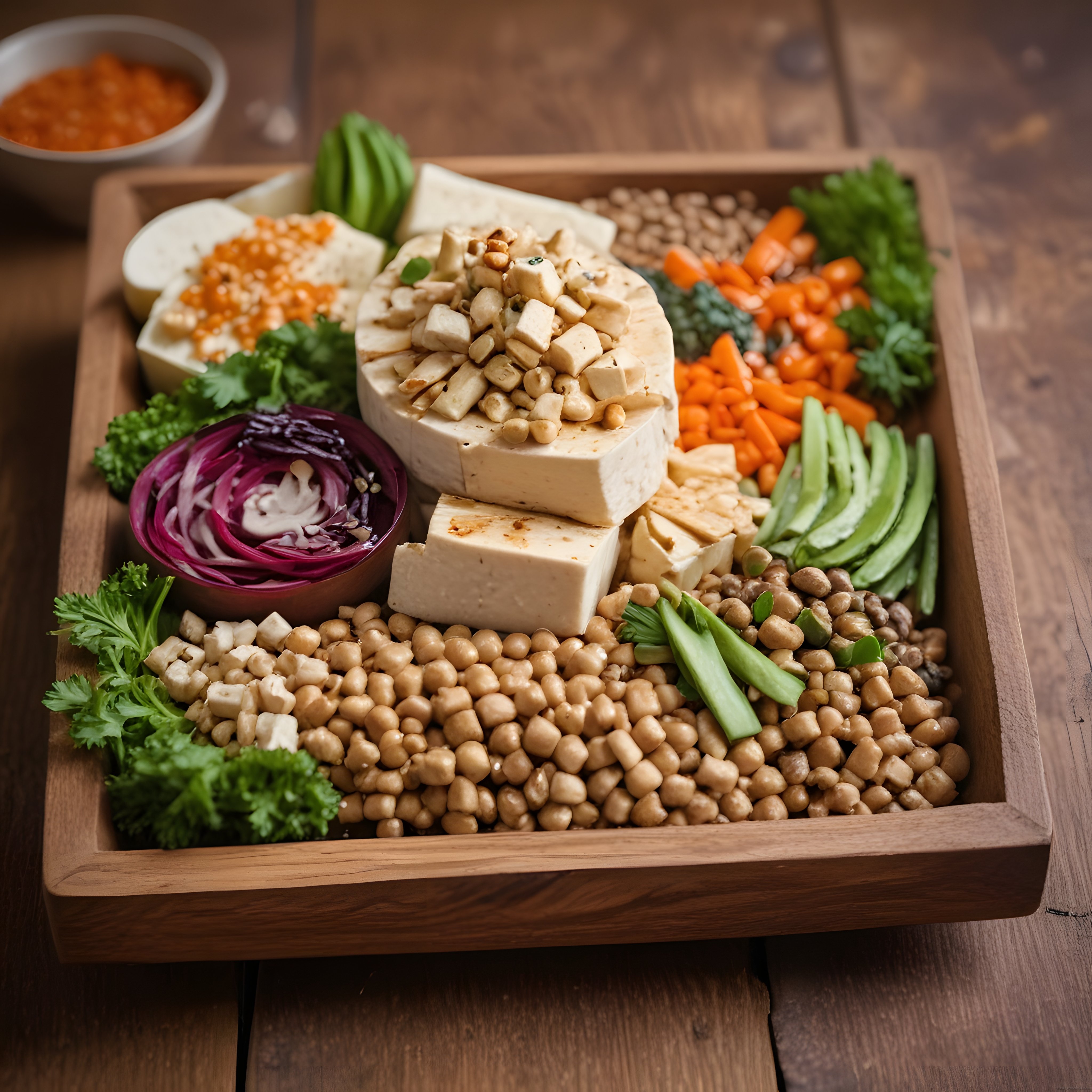 Doğal Ahşap Tepede Nohut Tofu ve Taze Sebzelerden Oluşan Vegan Tabak
