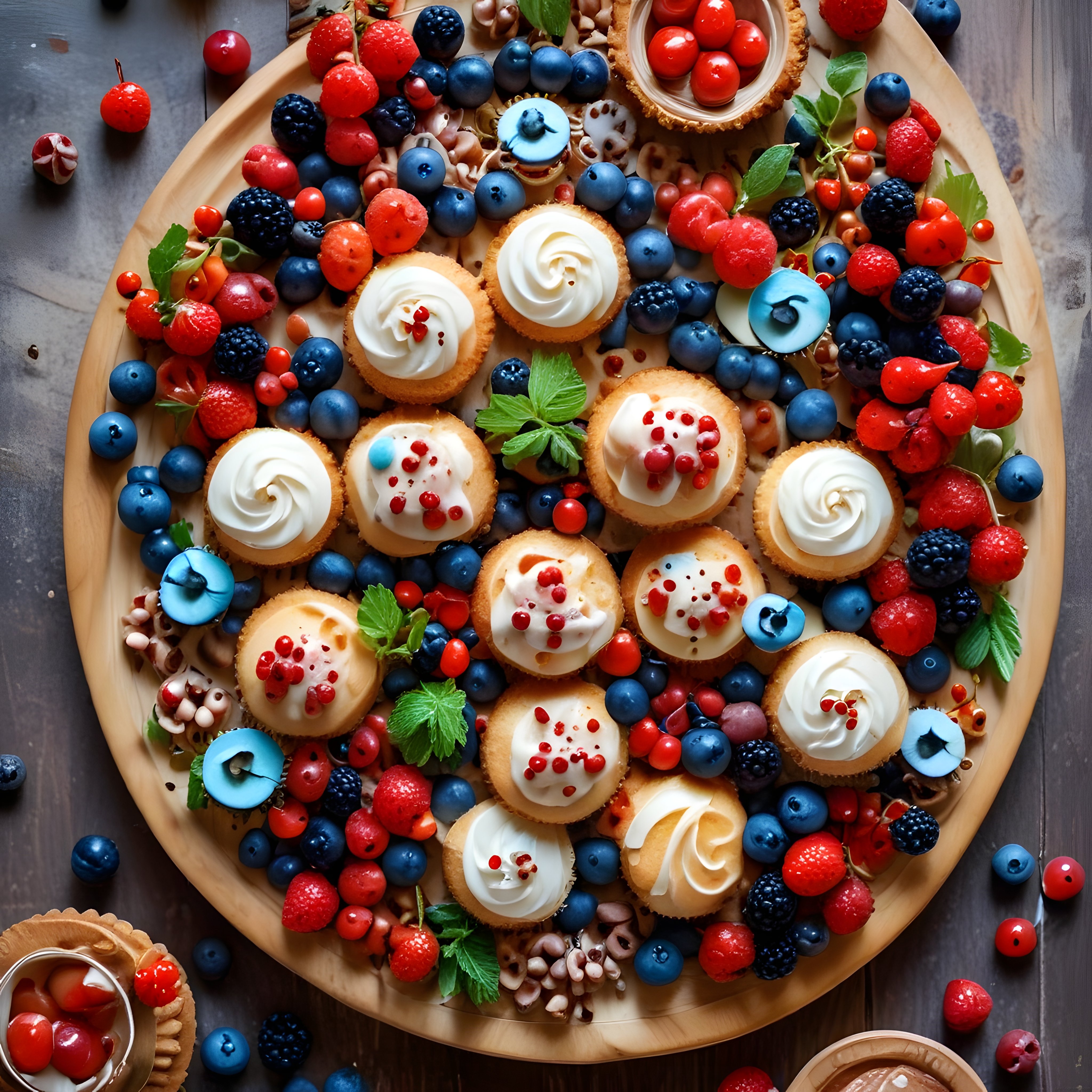 Doğal Ahşap Tepsi Üzerinde Böğürtlenli Frambuazlı Mini Tatlı ve Cupcake Sunumu