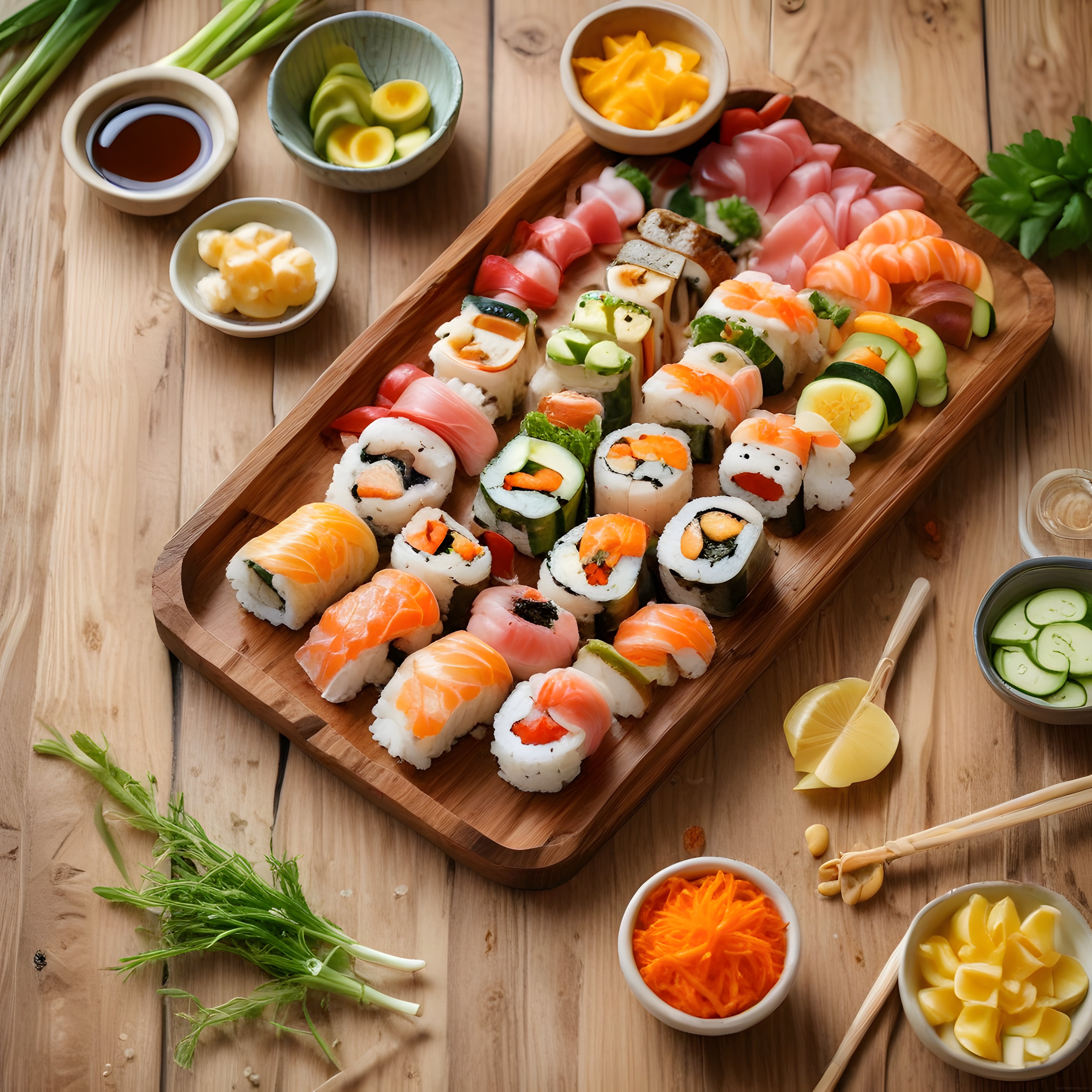 Doğal Ahşap Tepsi Üzerinde Çeşitli Sushi Çeşitleri ve Taze Garnitürler