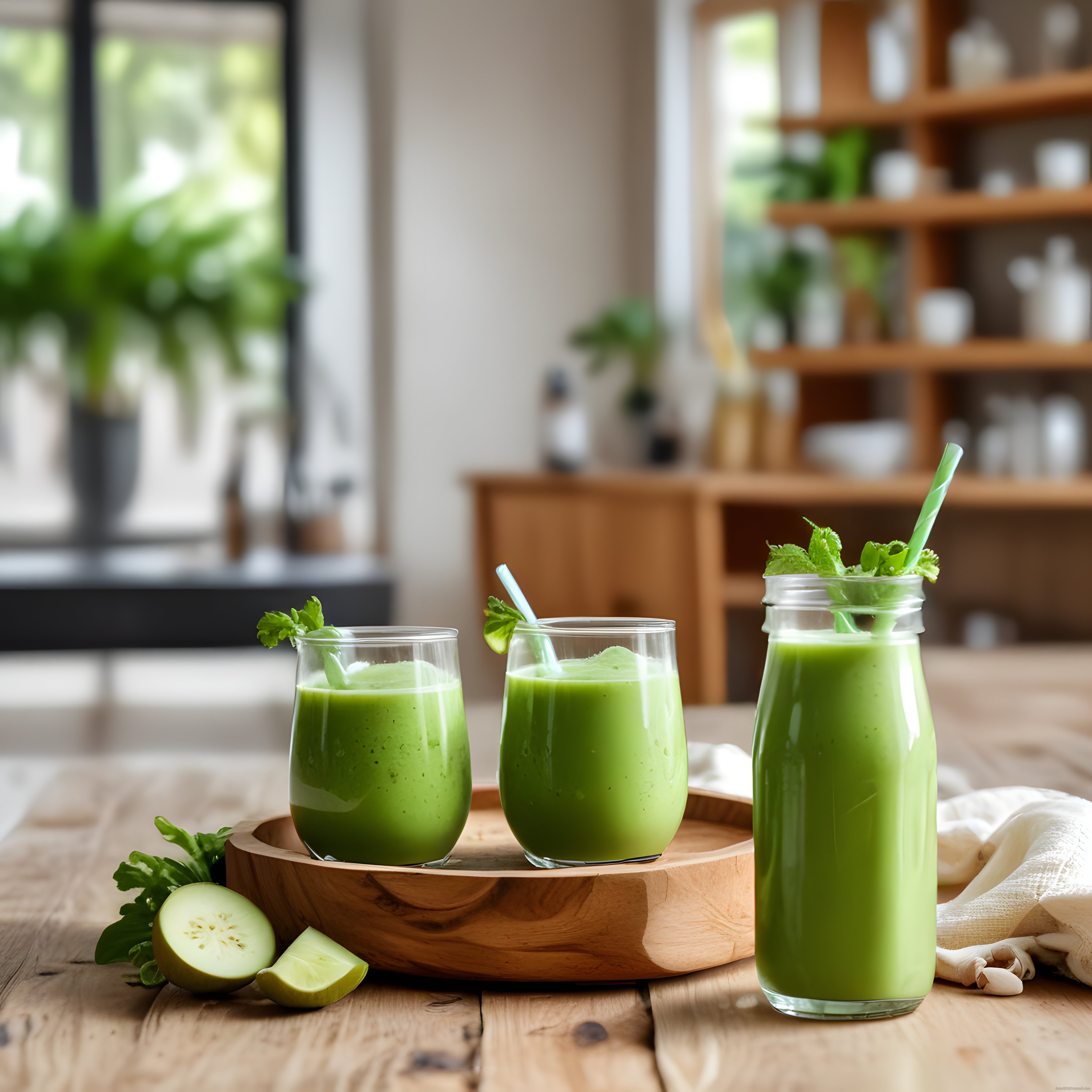 Doğal Ahşap Tepside Serinletici Yeşil Detox Smoothie ve Salatalık Dilimleri