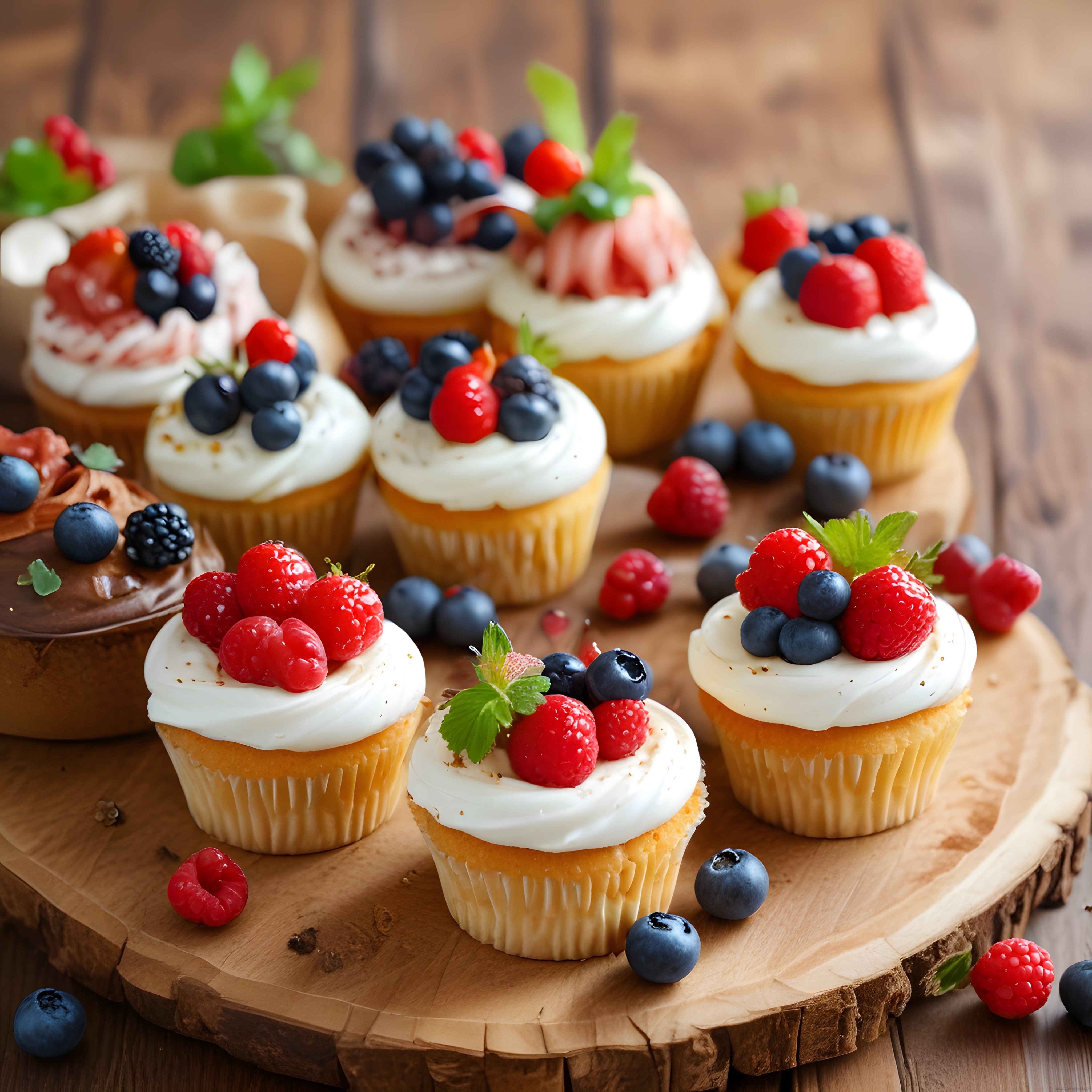 Doğal Ahşap Üzerinde Orman Meyveli ve Kremalı Cupcake Sunumu