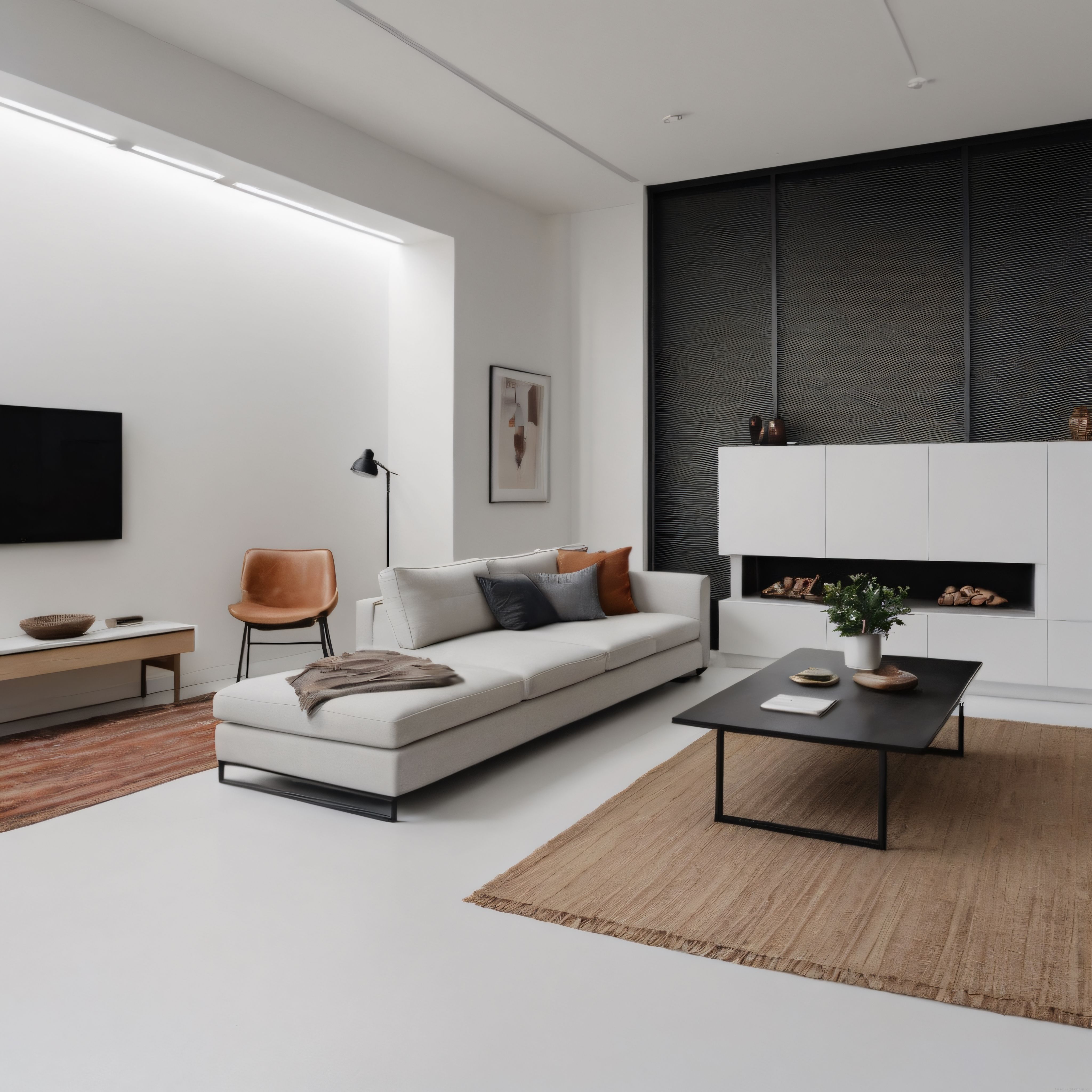 Doğal Ahşap ve Siyah Detaylarla Modern Minimalist Salon Dekorasyonu