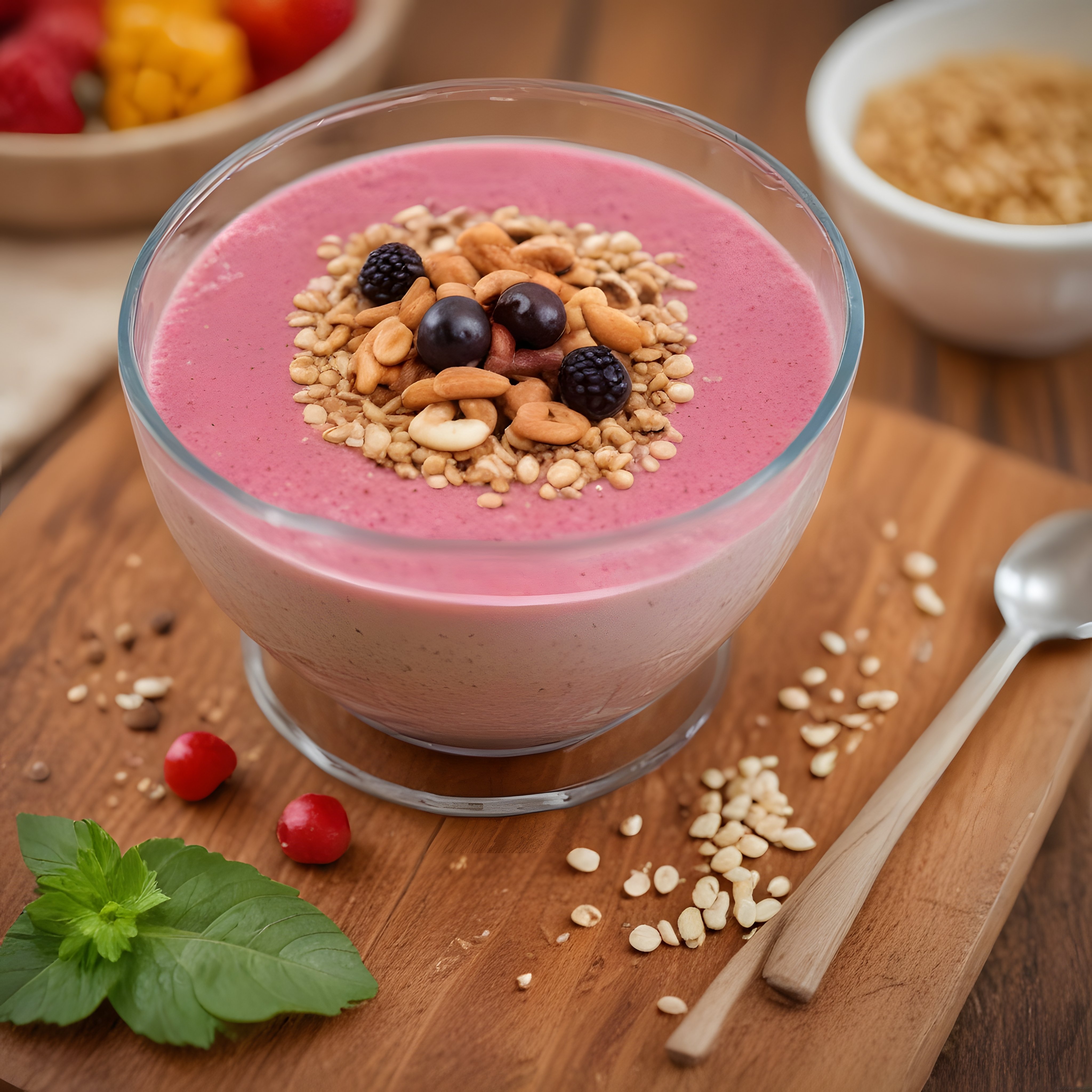 Doğal Ahşap Zemin Üzerinde Bol Malzemeli Sağlıklı Pembe Smoothie Bowl