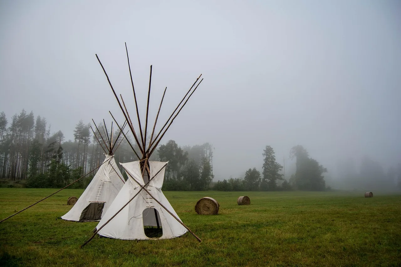 Doğal çayır içinde tepee tipi çadır fotoğrafı