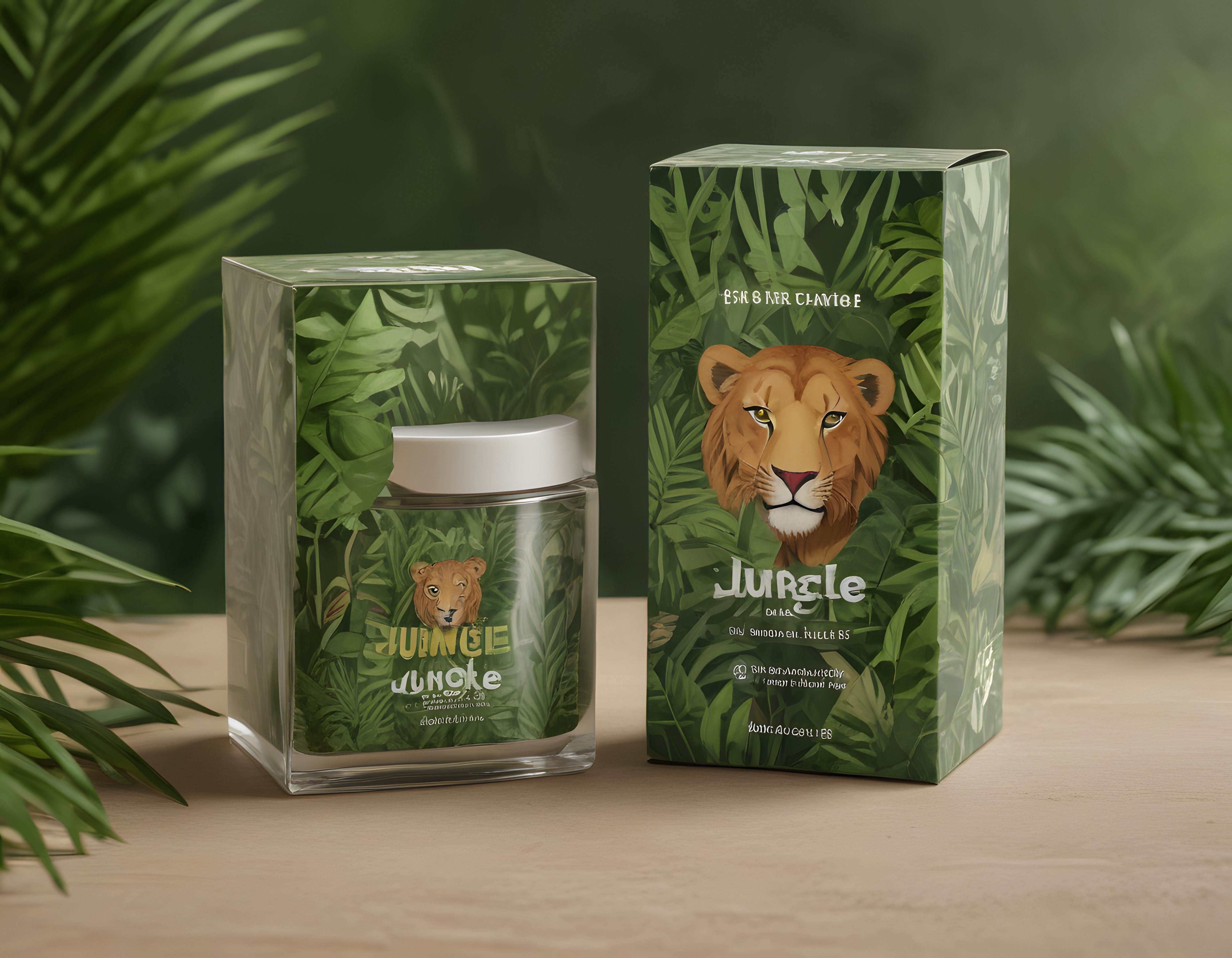 Doğal cilt bakım ürünleri için aslan desenli jungle kozmetik ambalaj tasarımı