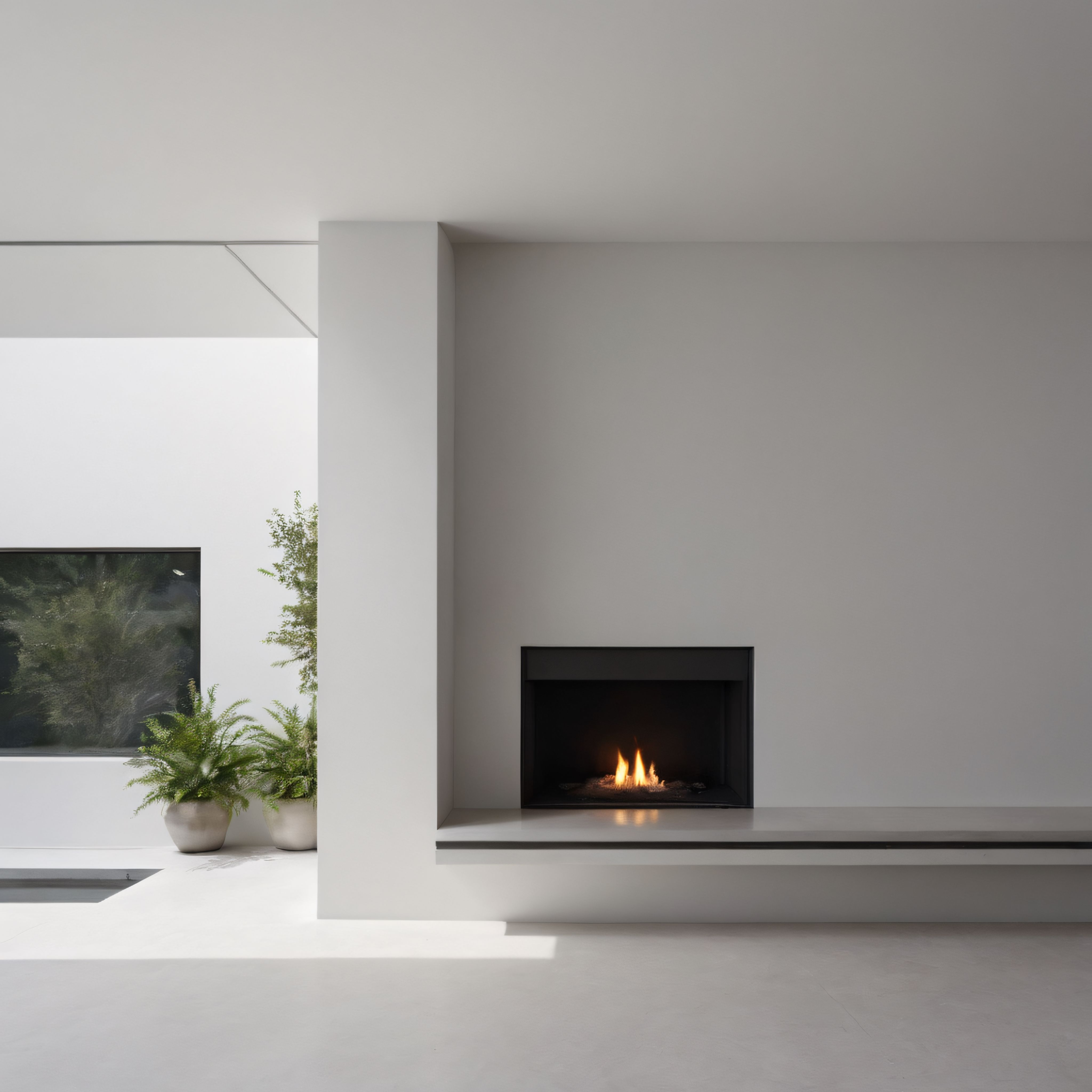 Doğal Işık ve Huzur: Minimalist Beyaz Şömine ve Yeşil Bitki Köşesi