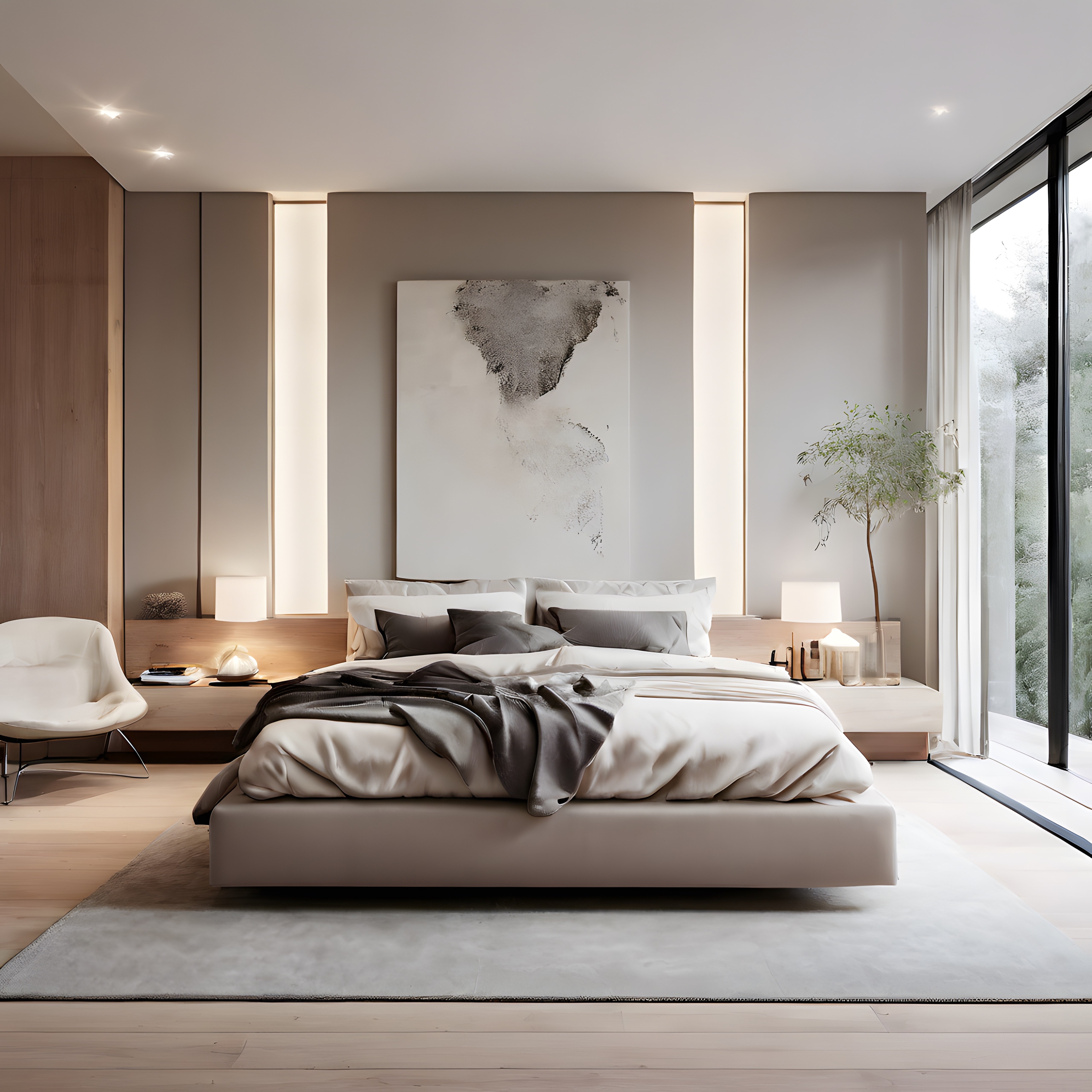 doğal ışık ve sisli orman manzaralı modern minimalist yatak odası tasarımı