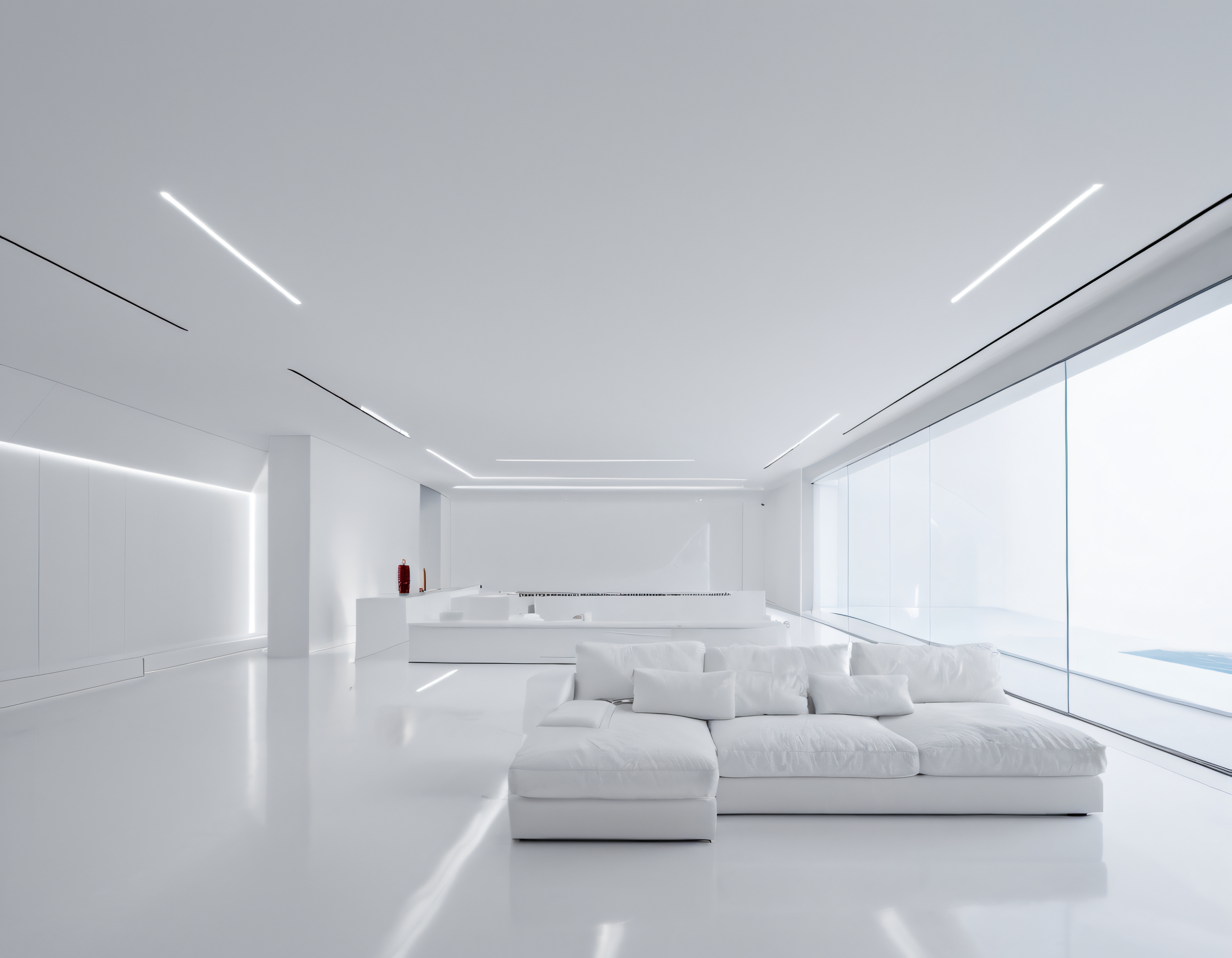 Doğal Işıkla Aydınlanan Beyaz Minimalist Salon ve Modern Açık Mutfak Tasarımı