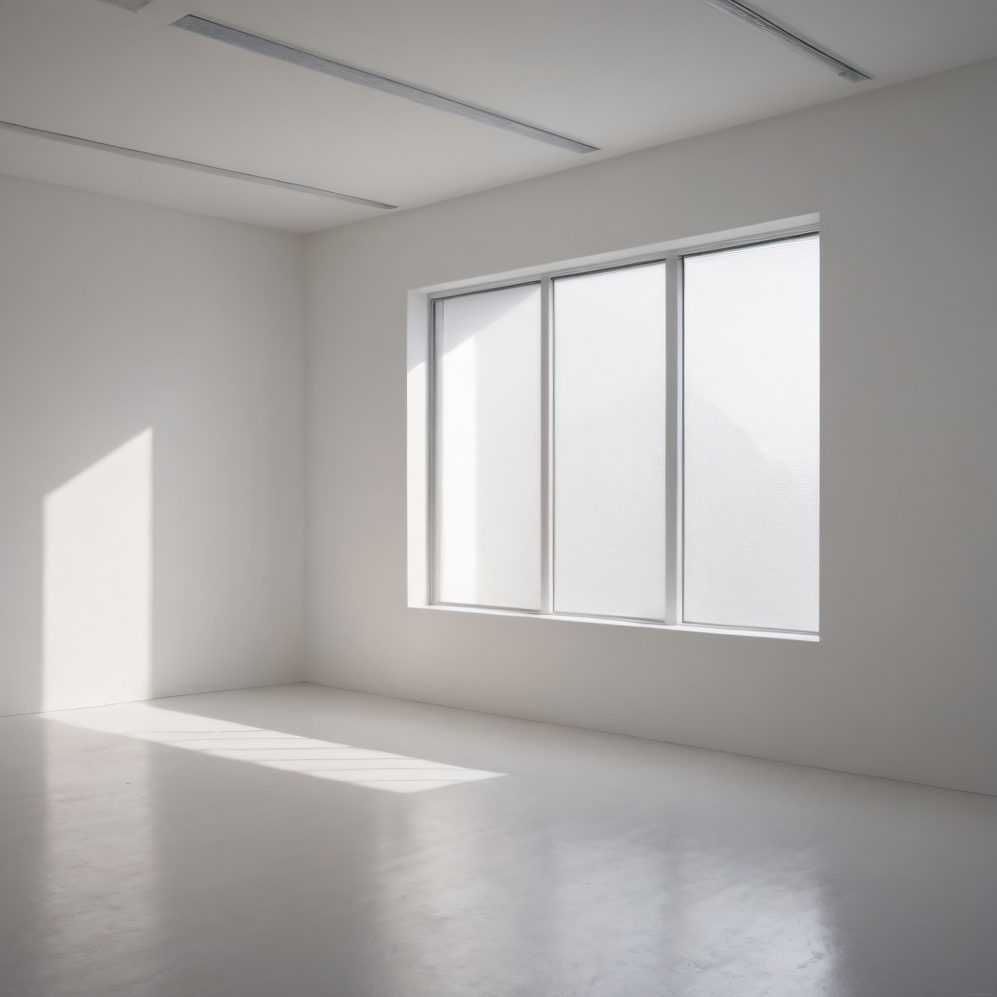 Doğal ışıkla aydınlanan minimalist beyaz boş oda ve büyük pencere detayı