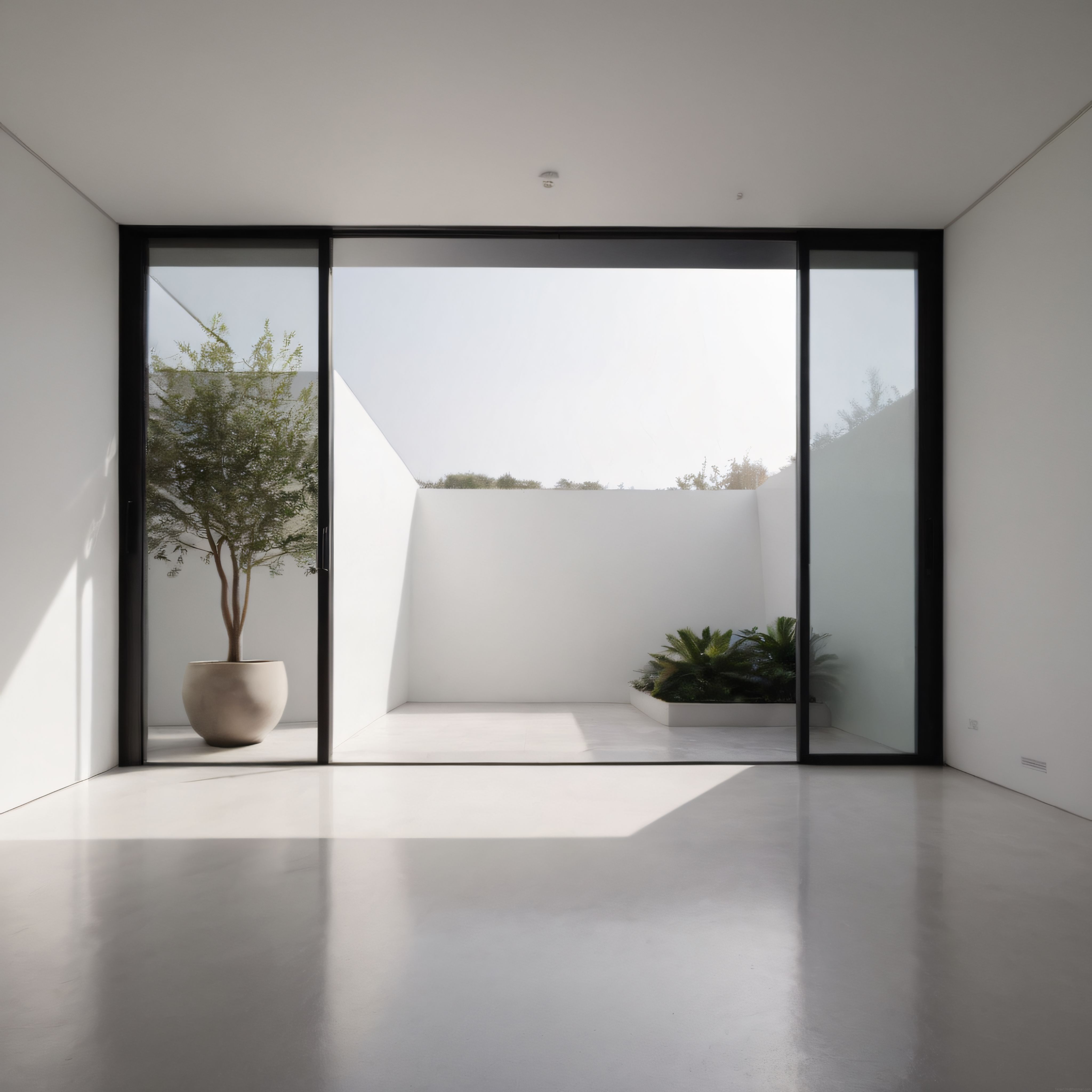 Doğal Işıkla Aydınlanan Minimalist Beyaz İç Mekan ve Siyah Çerçeveli Avlu