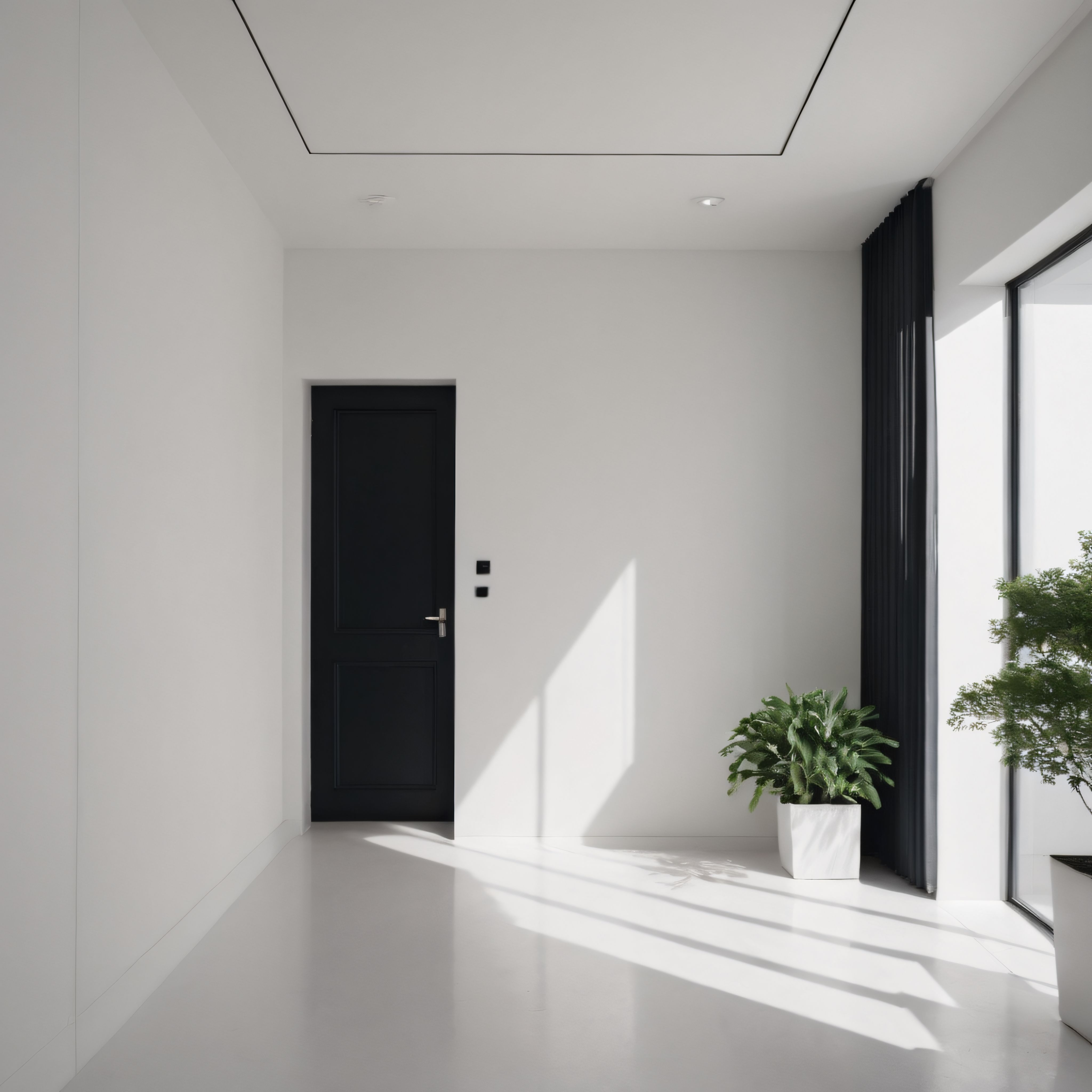 Doğal Işıkla Aydınlanan Minimalist Beyaz Koridor ve Siyah Kapı Tasarımı